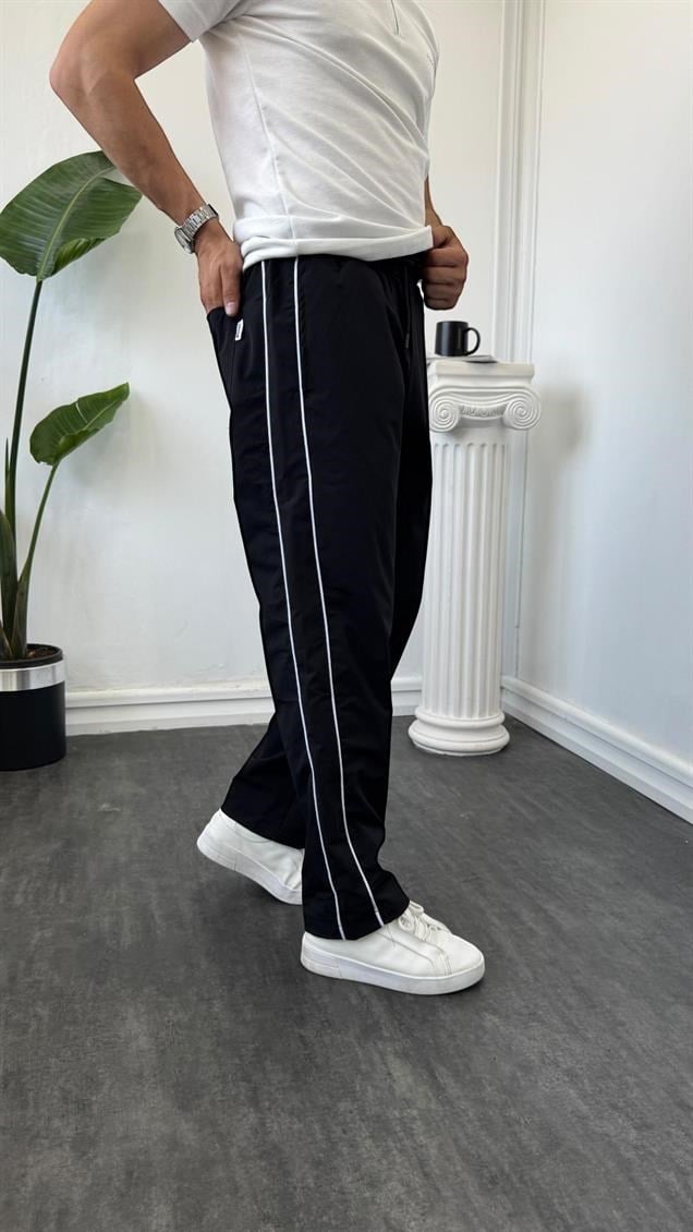 Paraşüt Kumaş Şerit Detaylı Baggy Eşofman Siyah