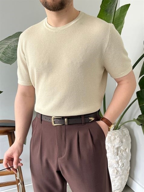 Pirinç Örgülü Basic Triko Krem
