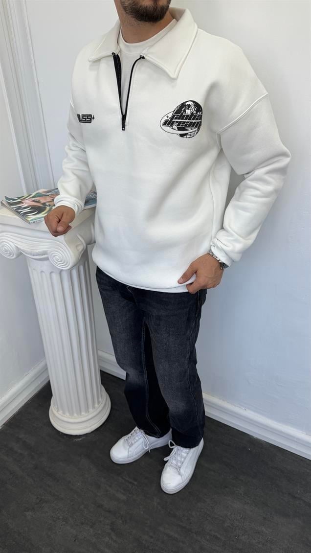 Polo Yaka Fermuarlı Şardonlu Sweatshirt Beyaz