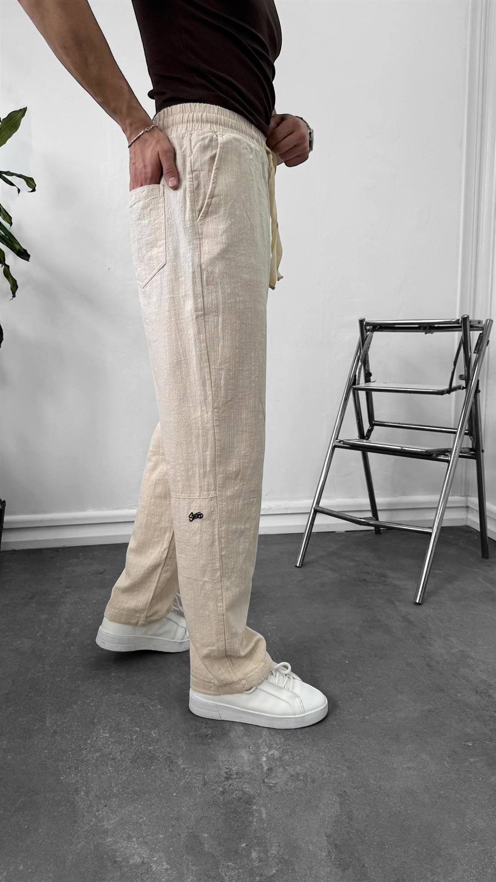 SW Ham Keten Baggy Beli İpli Baggy Pantolon Krem