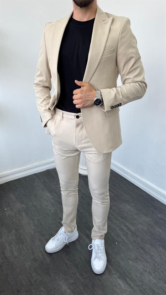 Tek Düğme Klasik Takım Elbise Krem