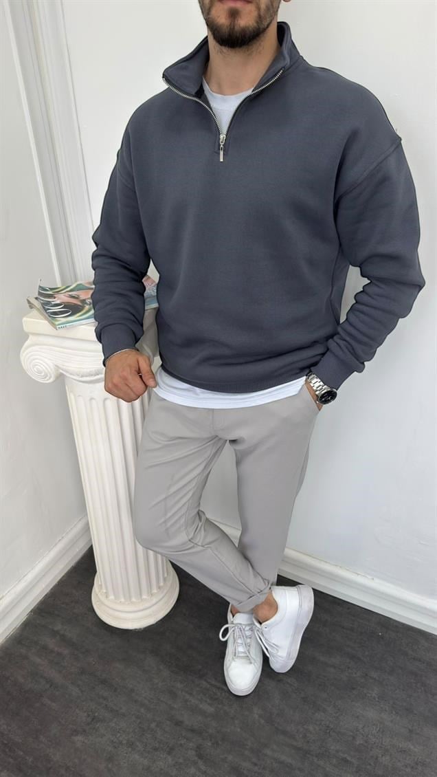 Yarım Fermuarlı Üç İplik Şardonlu Sweat Füme