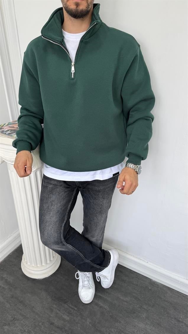 Yarım Fermuarlı Üç İplik Şardonlu Sweatshirt Yeşil