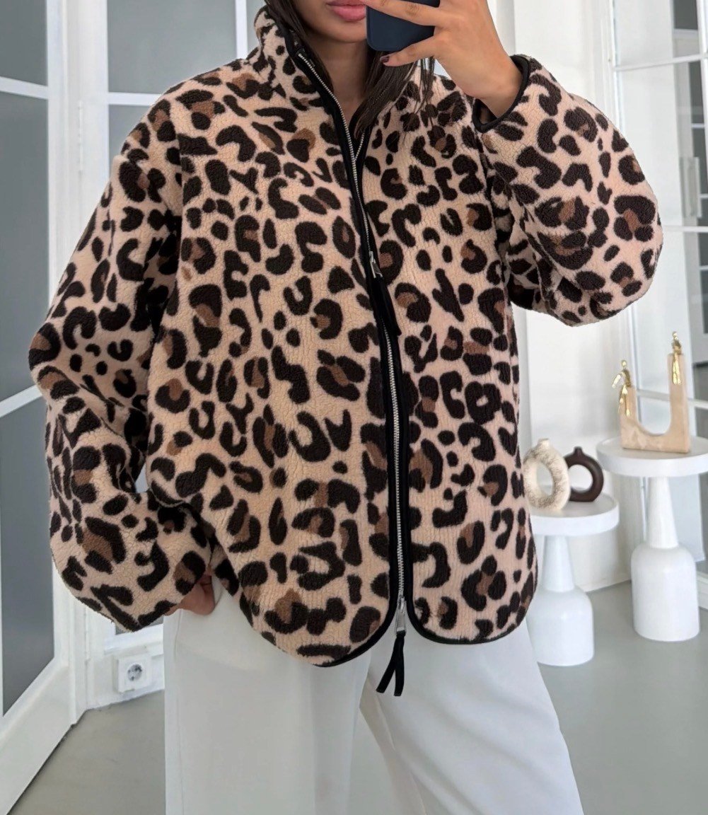 Açık Leopar Desen Polar Hırka
