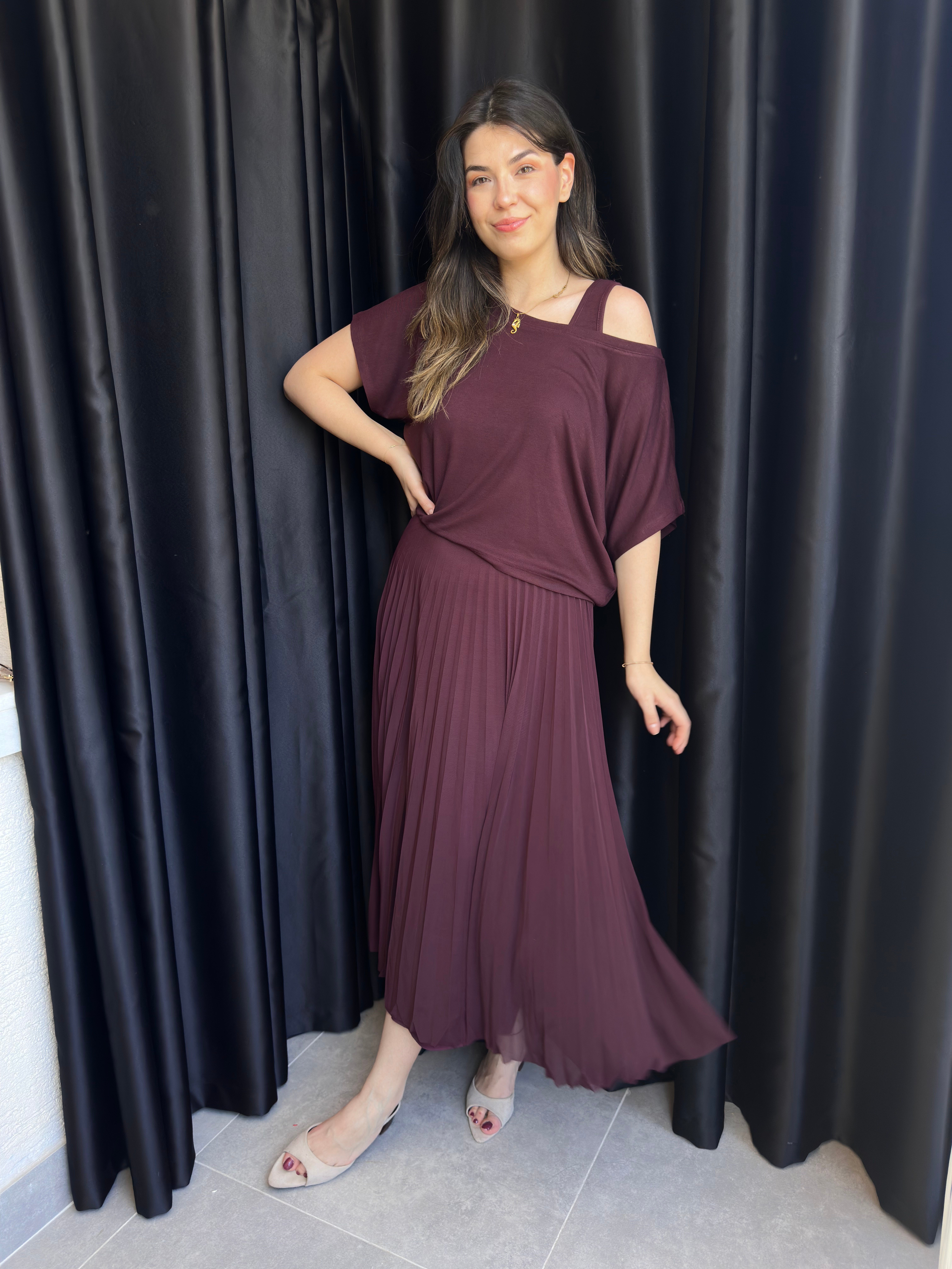 Bordo Bluz Pileli Elbise Takım
