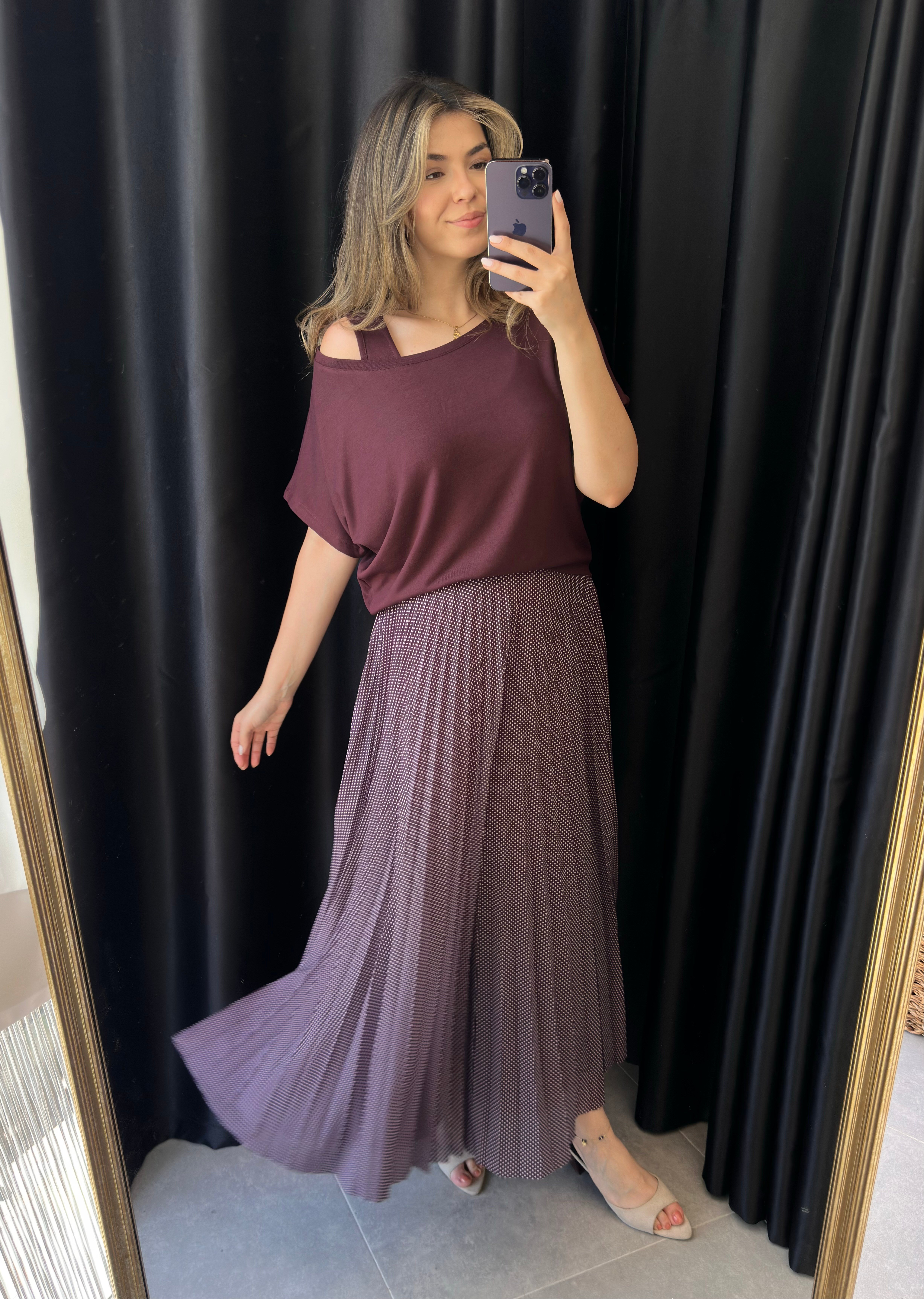 Bordo Puantiyeli Pileli Elbise Bluz Takım