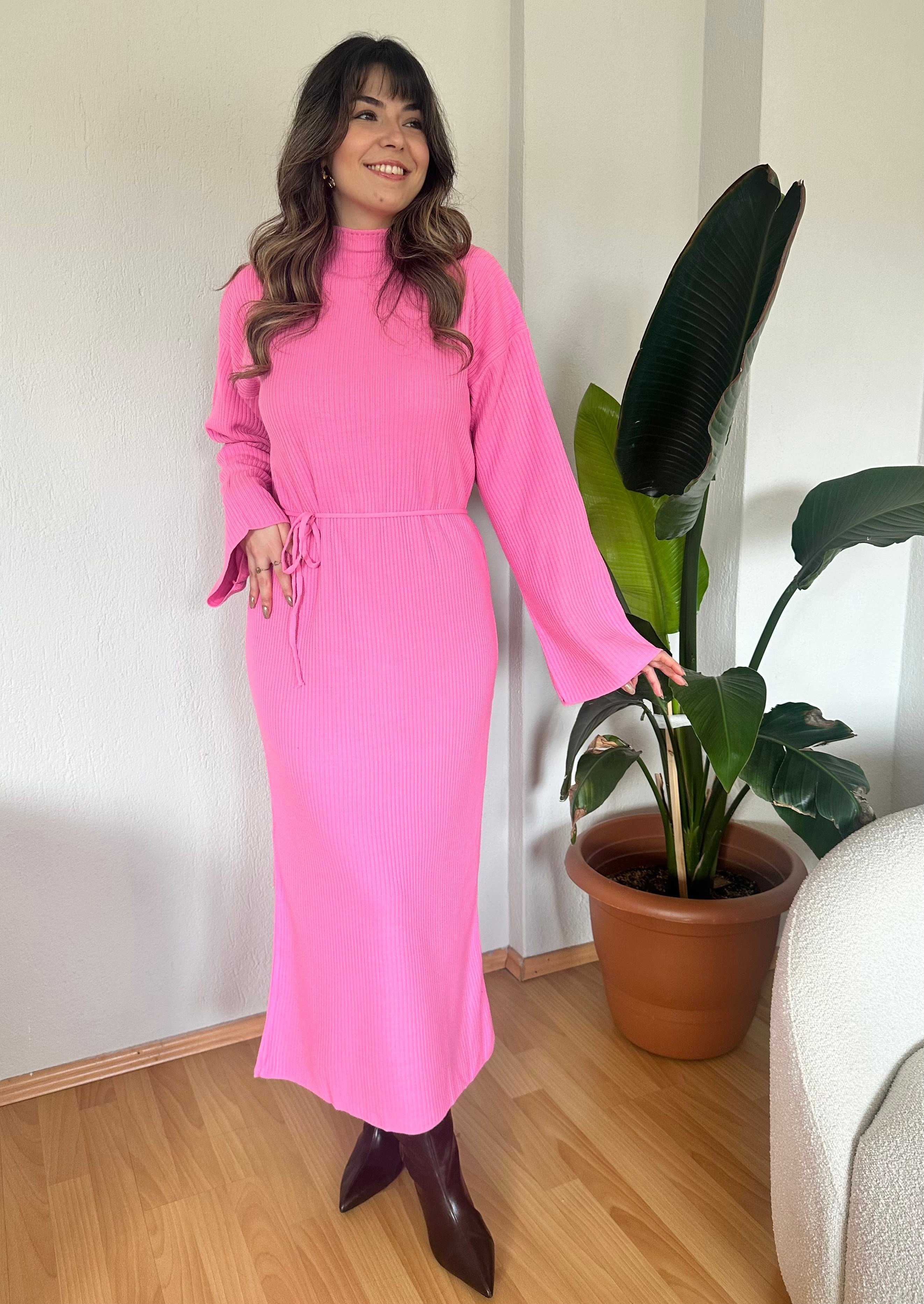 Dora Fitilli Kuşaklı Pembe Triko Elbise