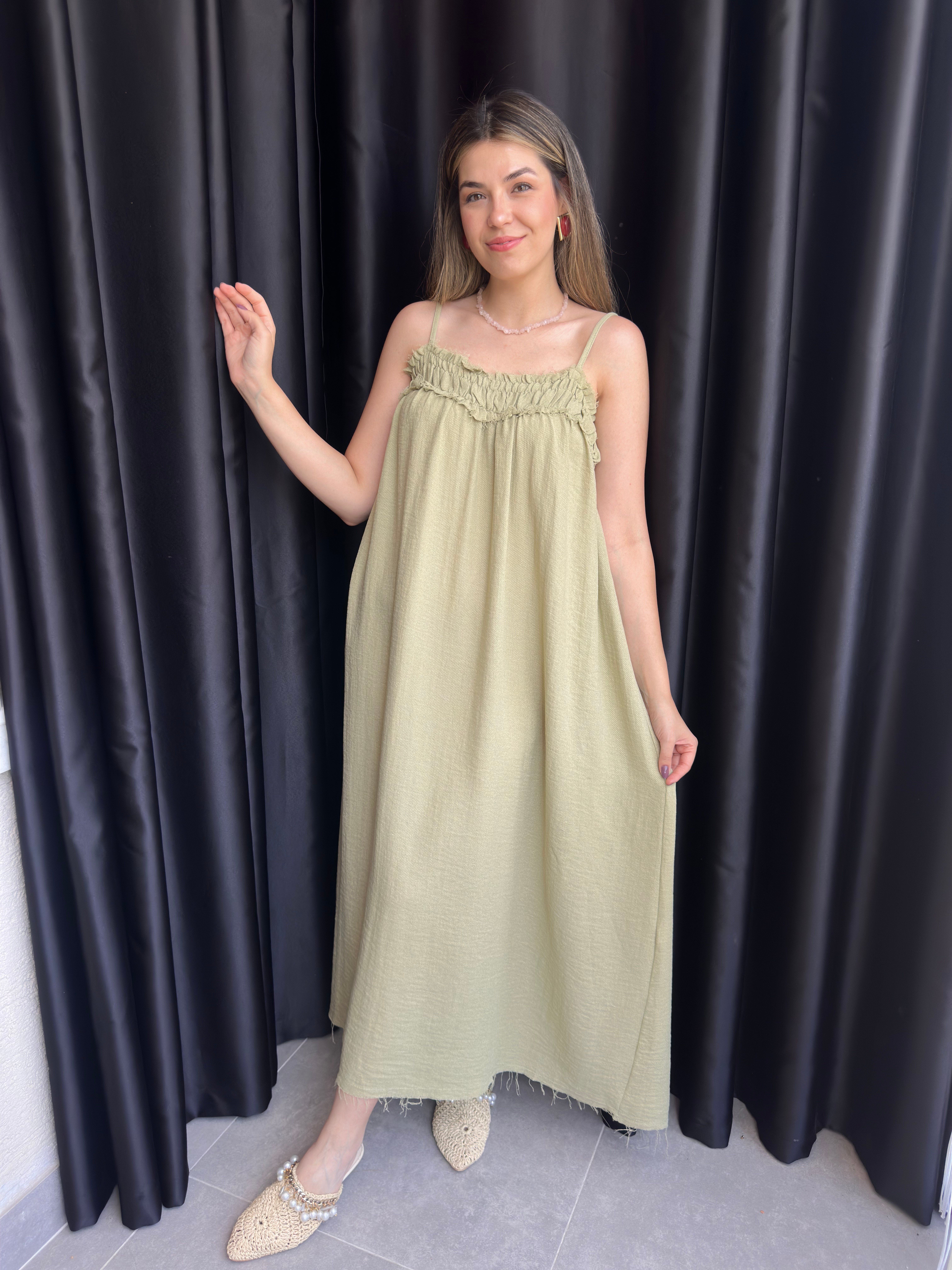 Haki İp Askılı Drape Detaylı Elbise