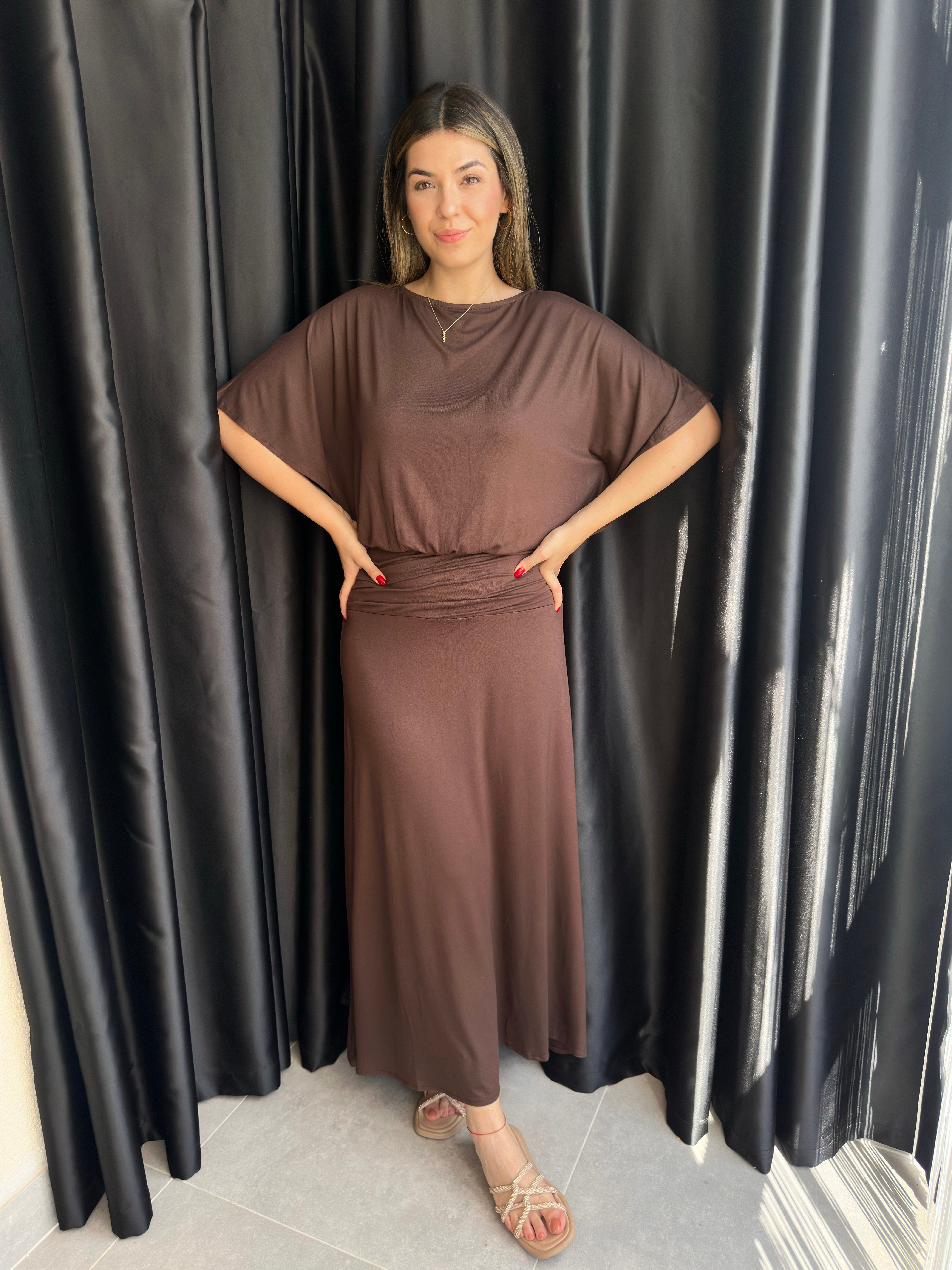 Kahve Drape Detaylı Yarasa Kol Elbise