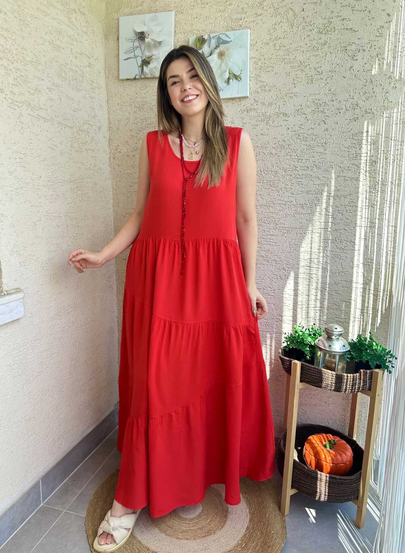 Kırmızı Salaş Askılı Elbise