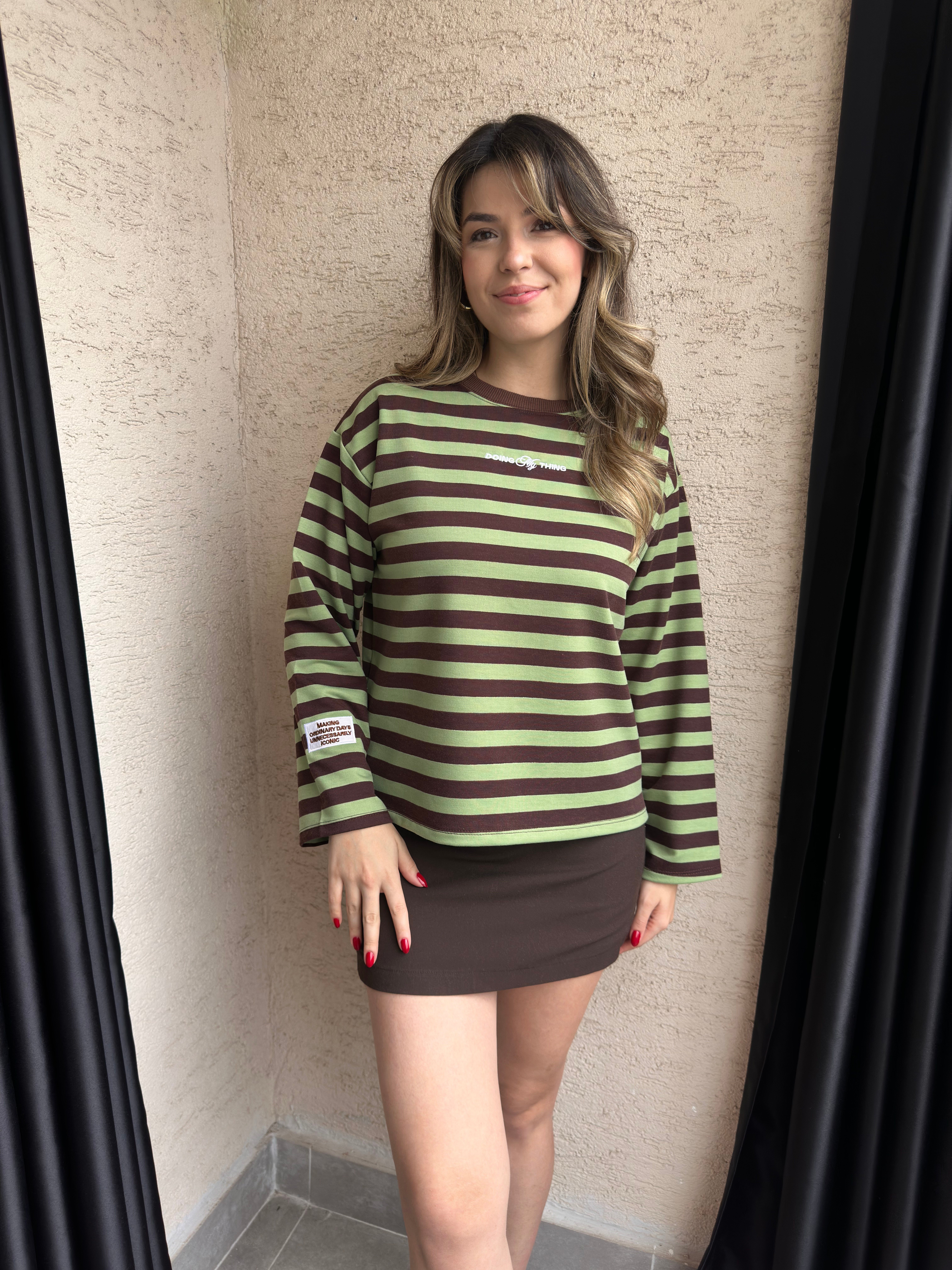 Yeşil-Kahve İnce Çizgili Sweat