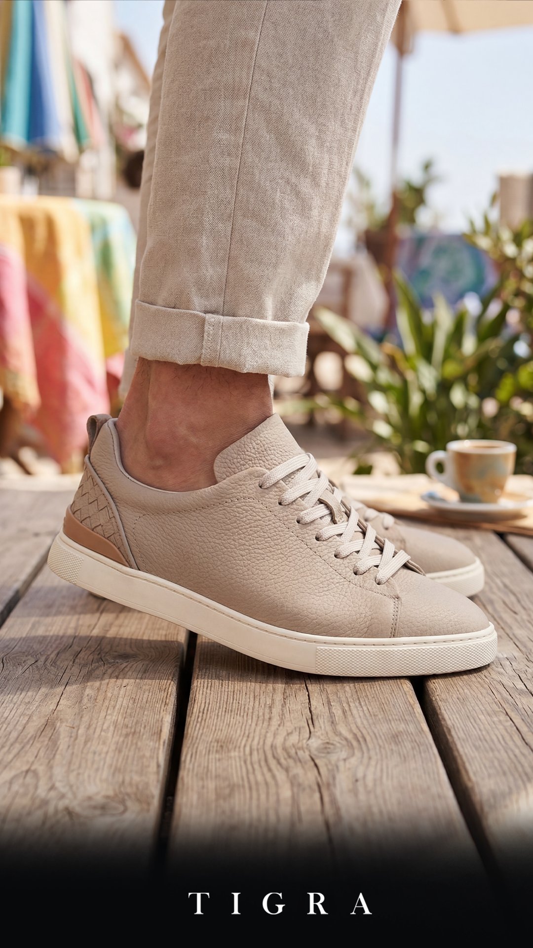 Erkek Bej Deri Örgülü Sneaker Ayakkabı