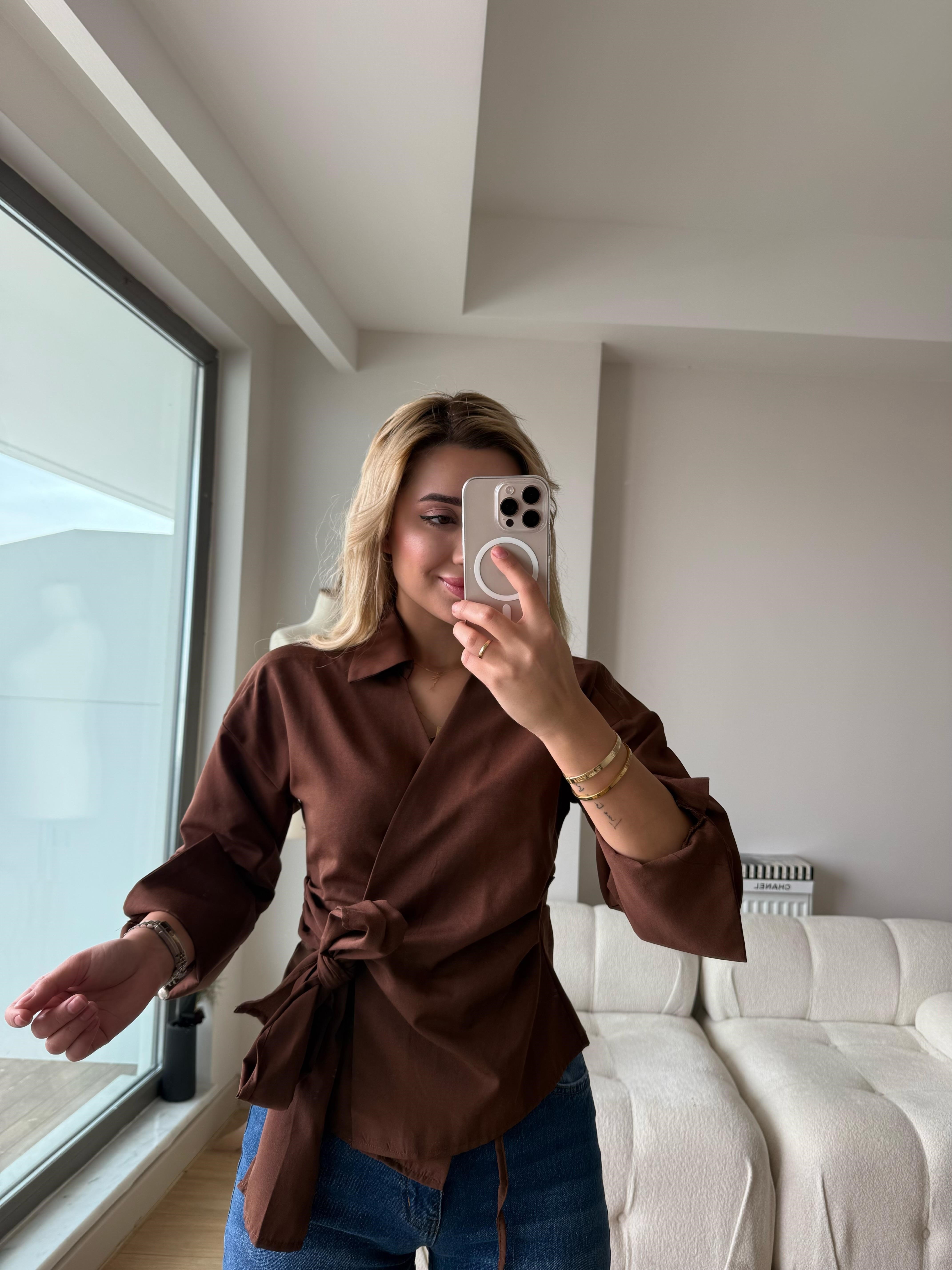 Bağlama gömlek kahve
