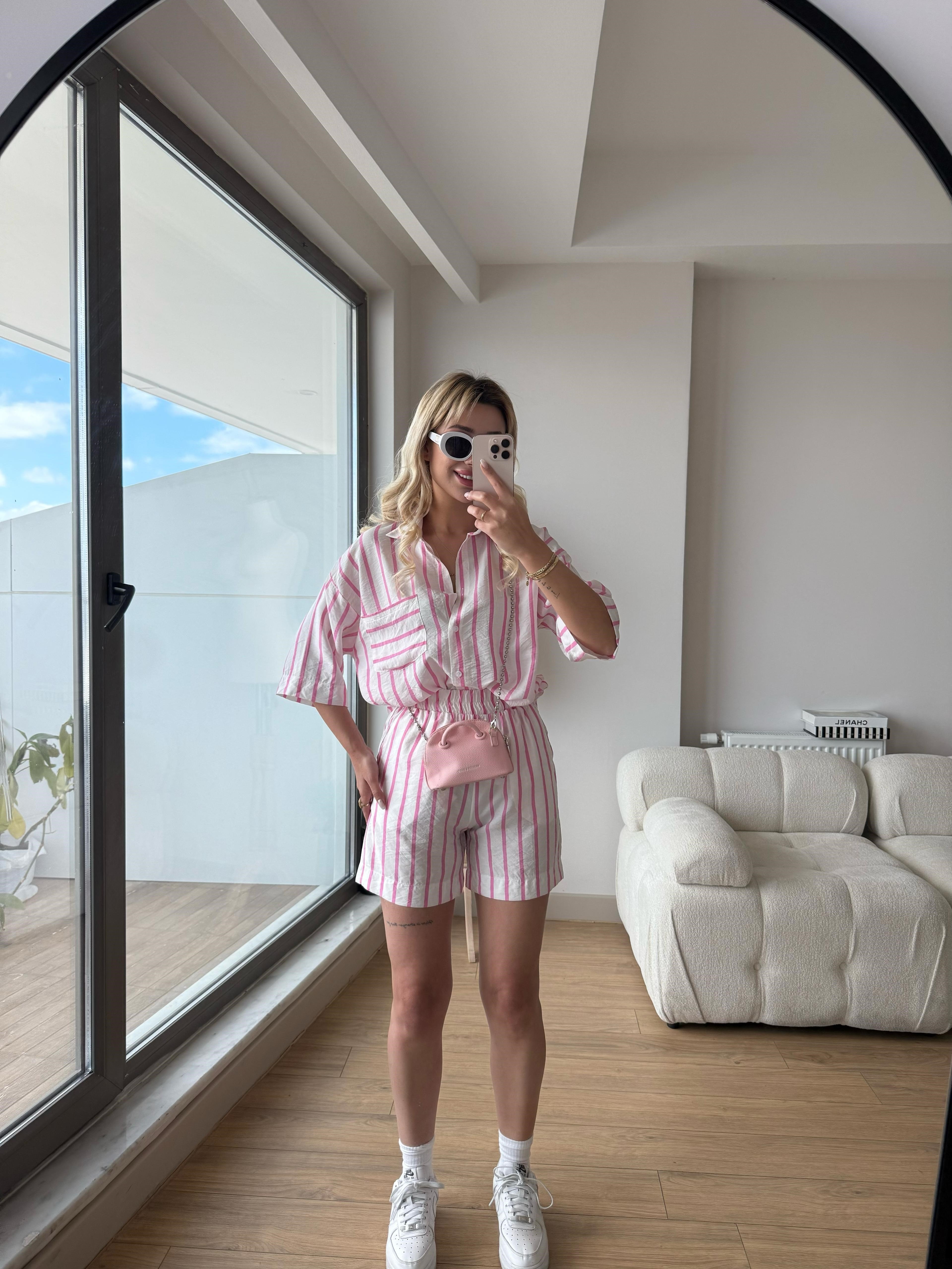 Çizgili şort takım pembe