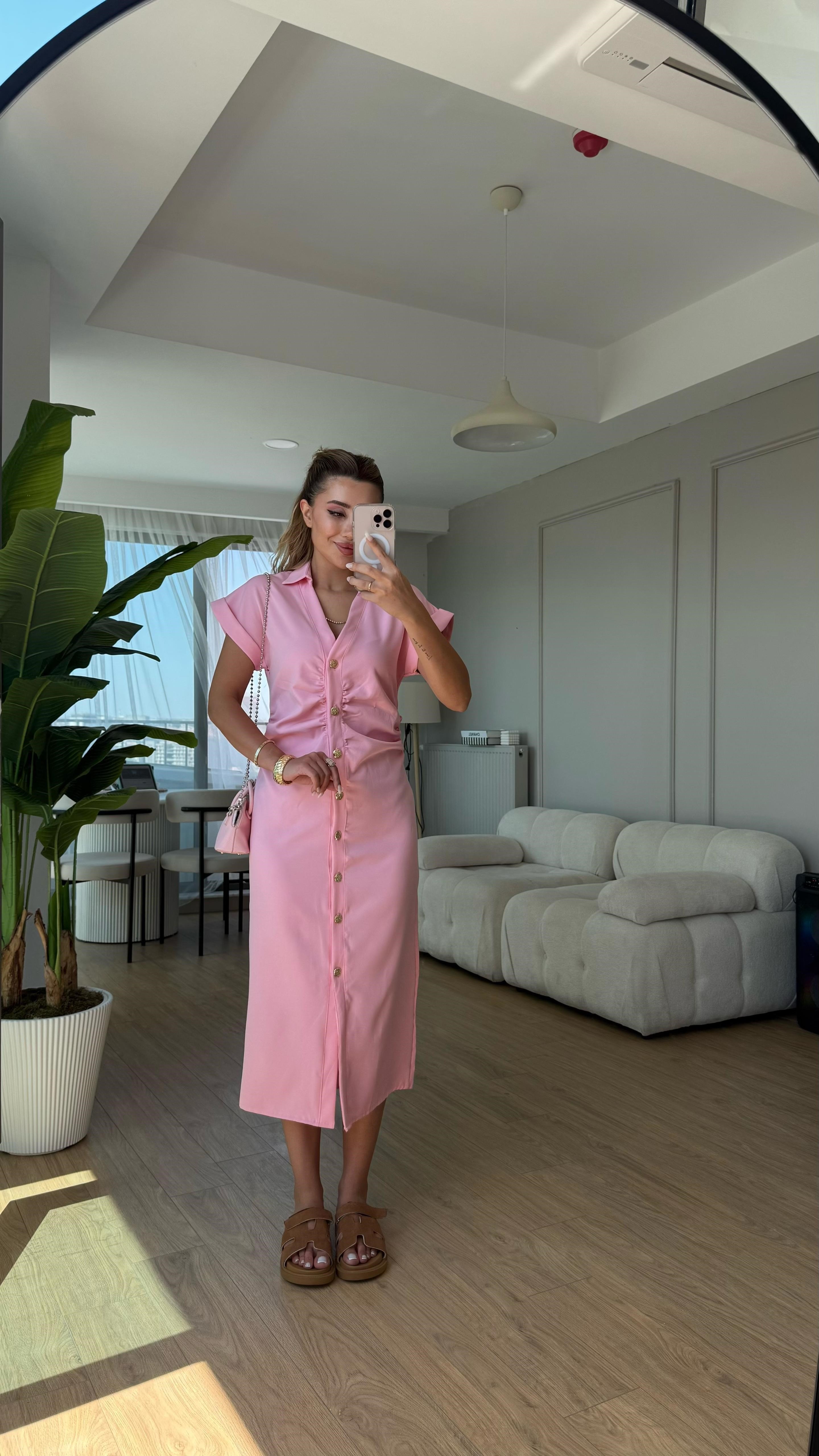 Gold düğme büzgülü elbise pembe
