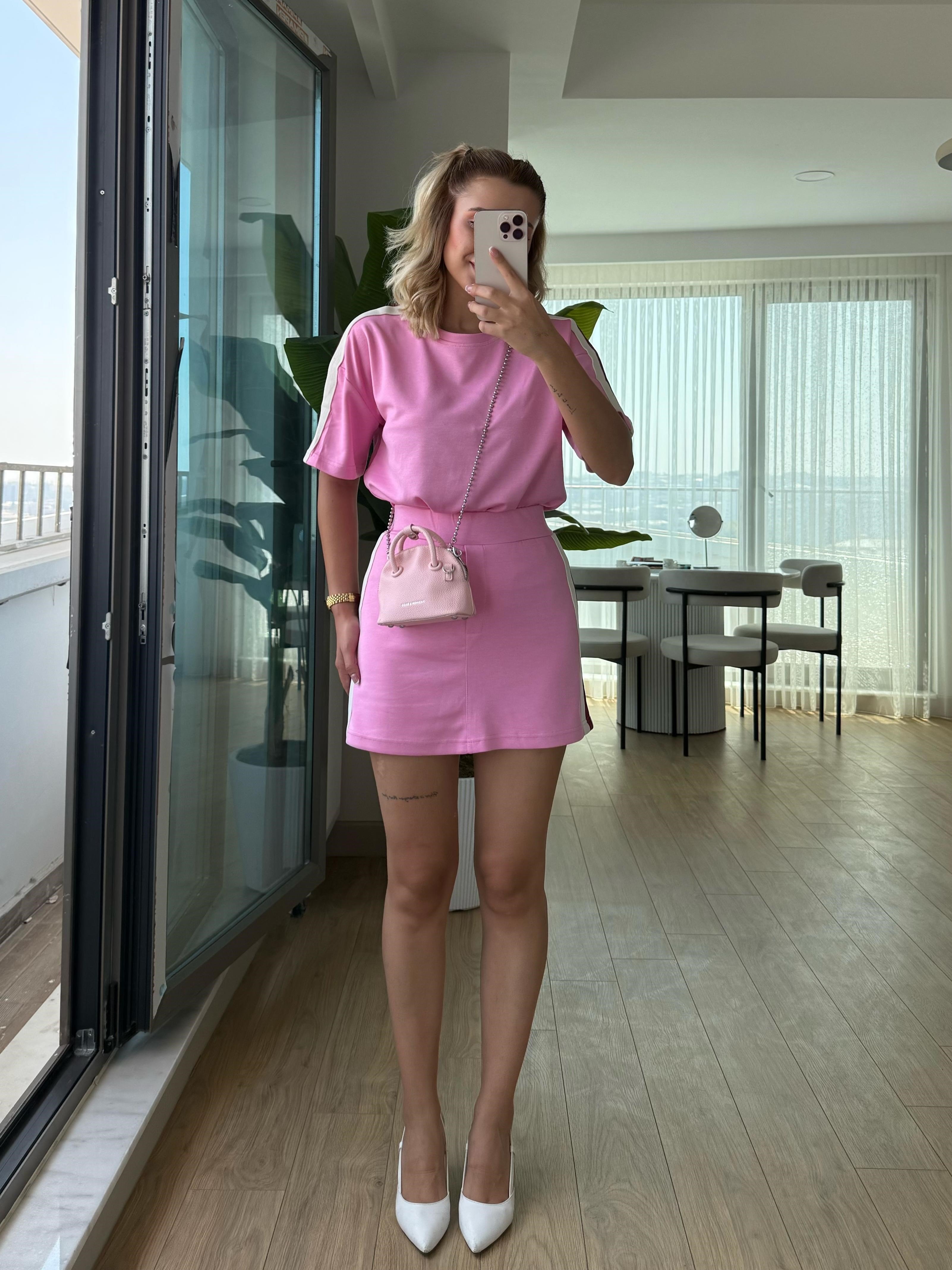 Modal şort etek takım pembe