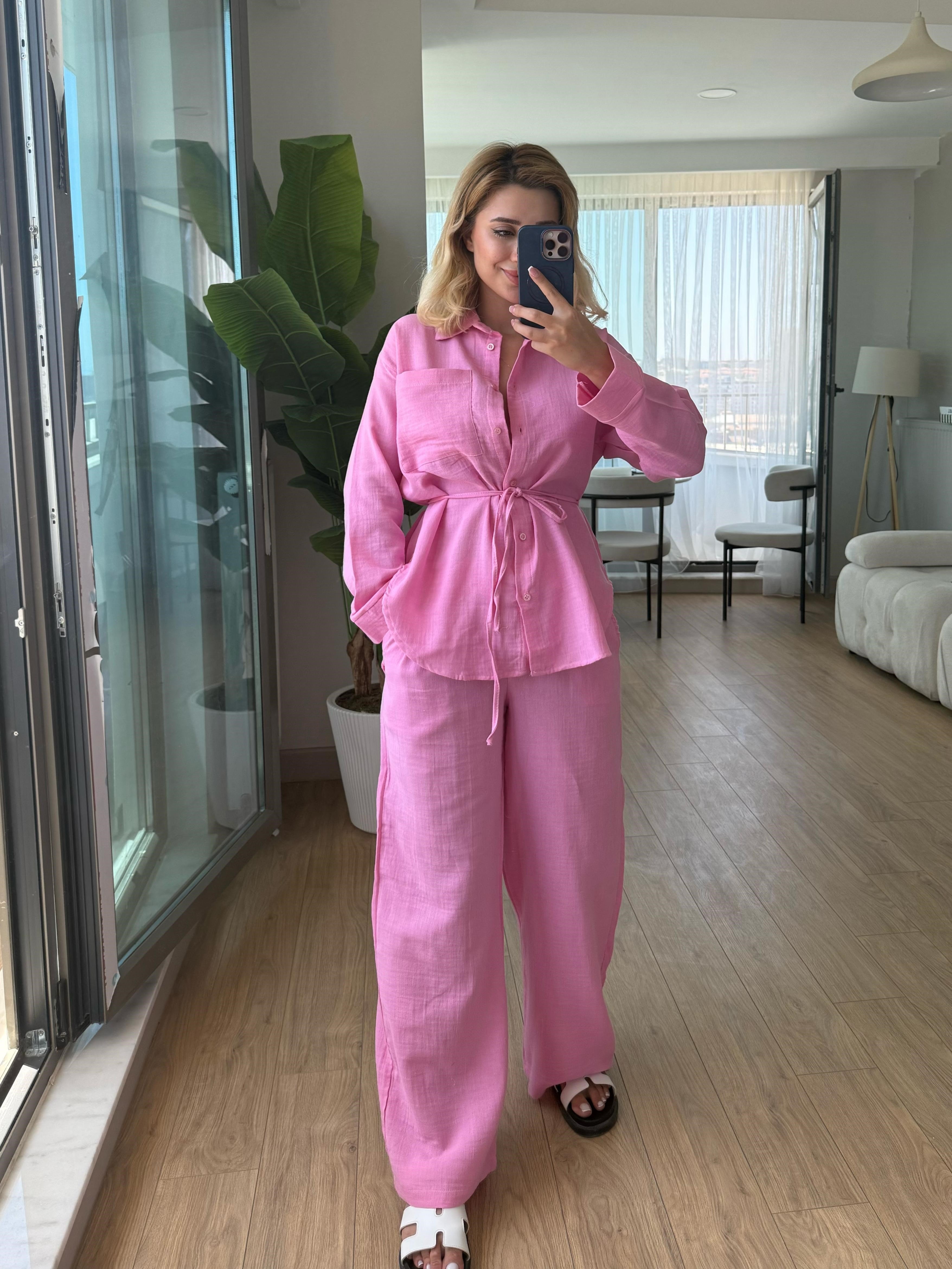 Müslin düğme takım pembe