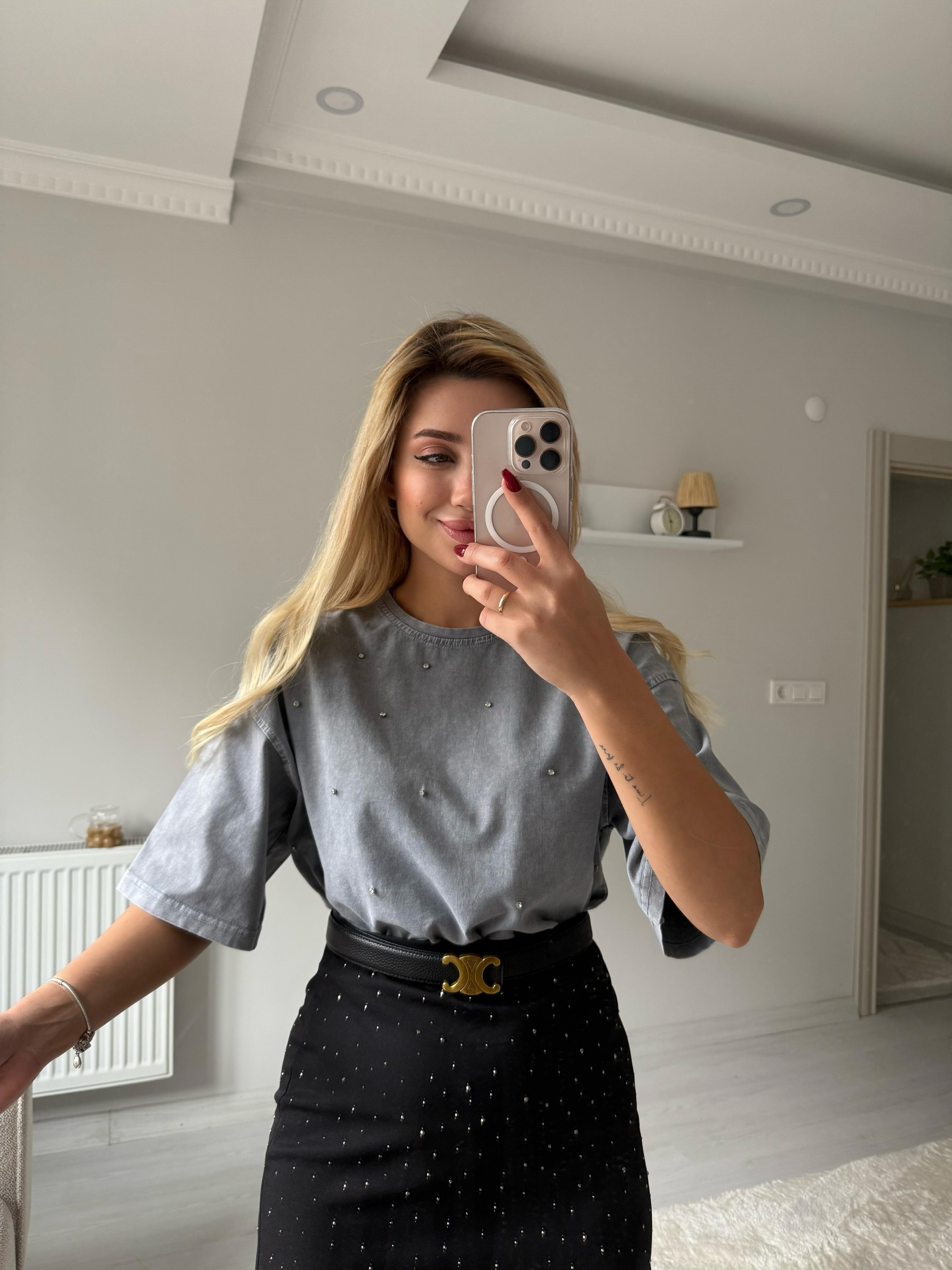 Taşlı Basic tişört gri