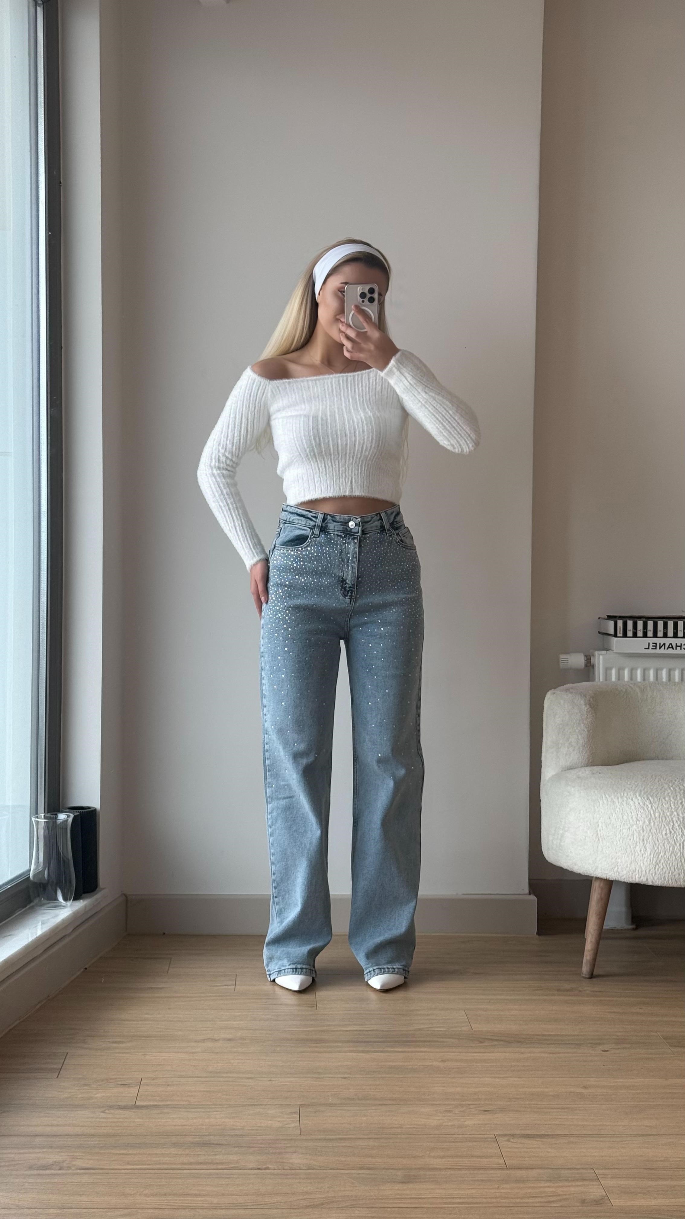 Taşlı jeans açık mavi