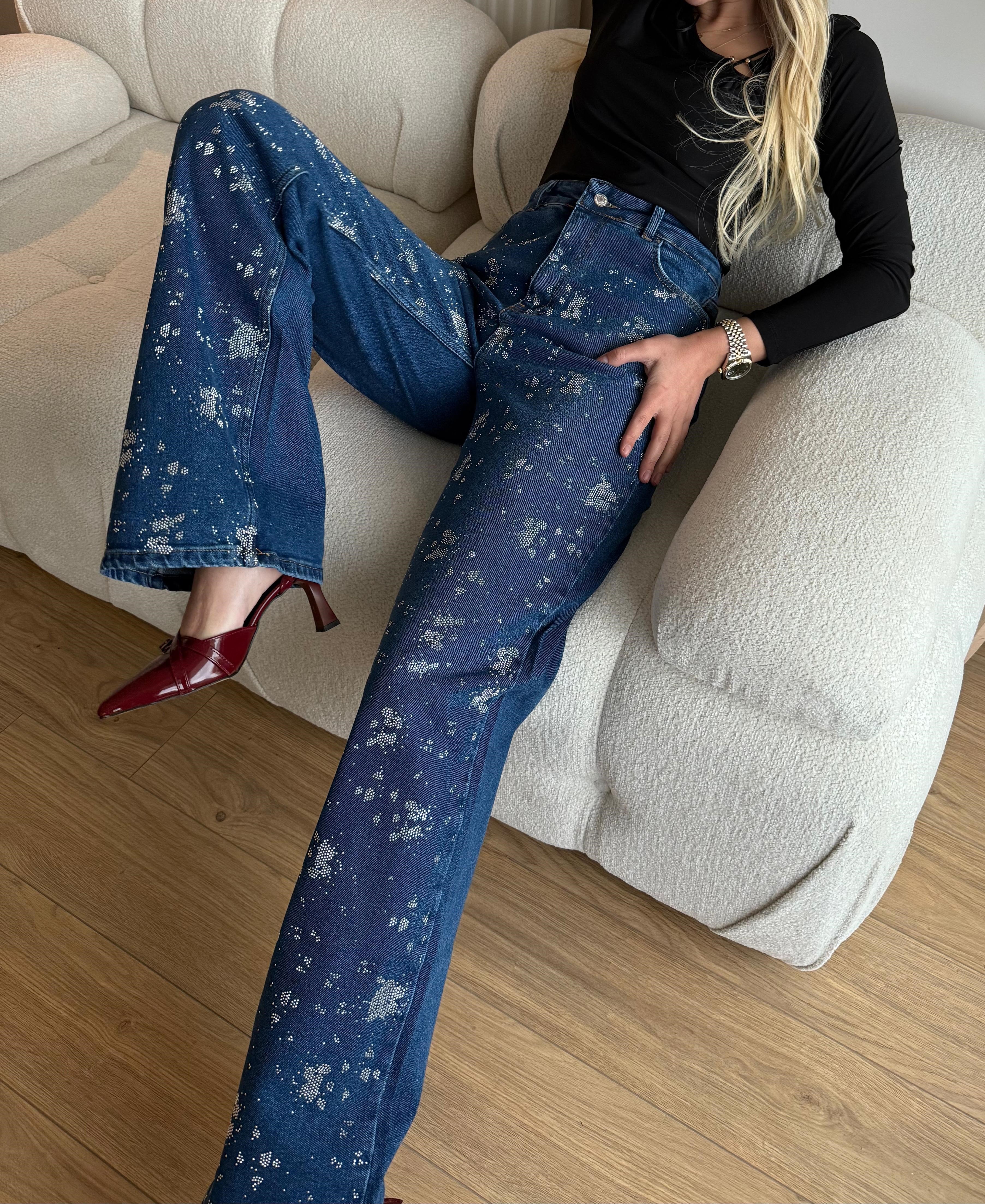 Taşlı jeans koyu mavi