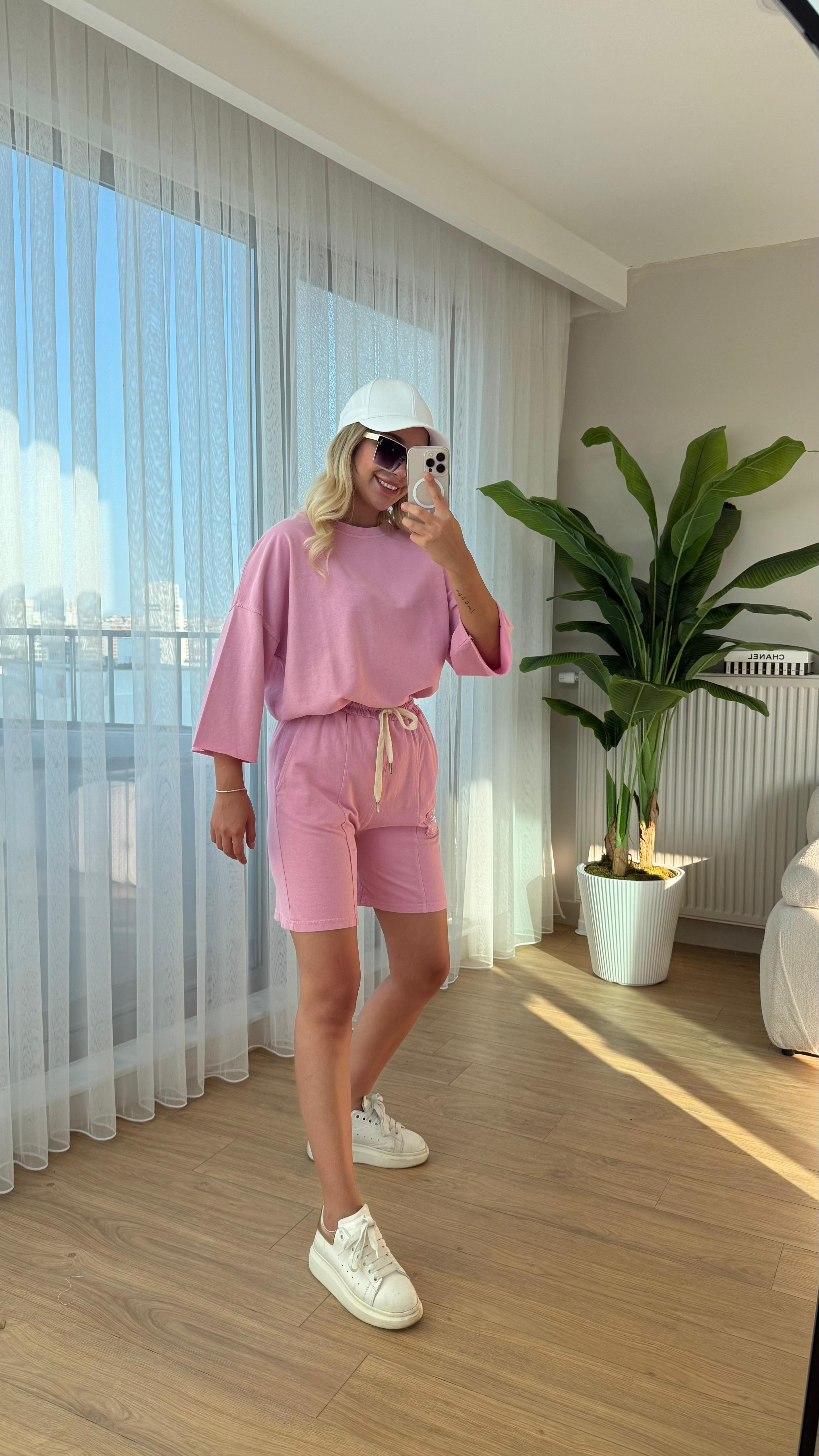 Taşlı şort takım pembe