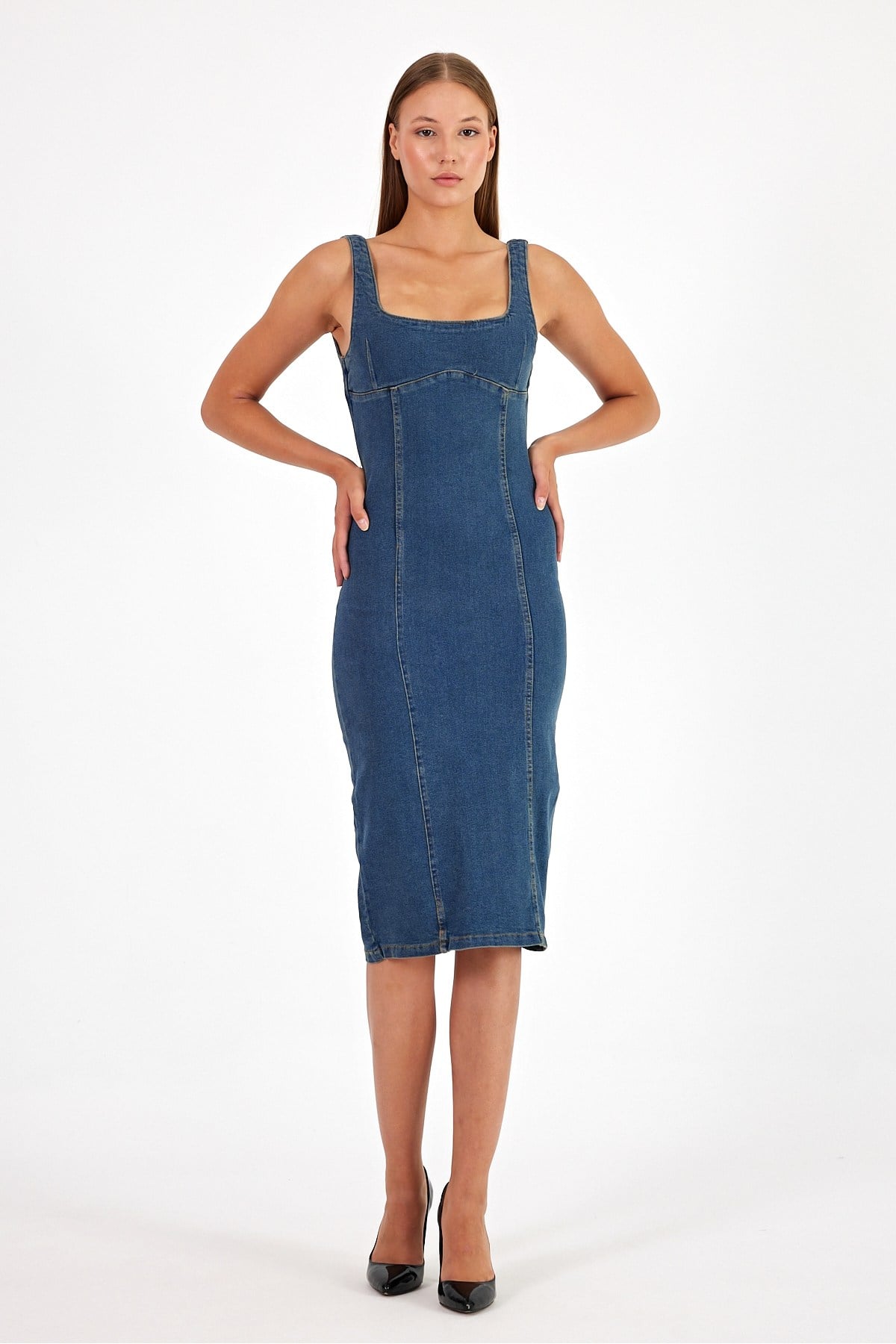 Arkadan Yırtmaçlı Fermuarlı Kalın Asklı Kot Elbise Denim Elbise