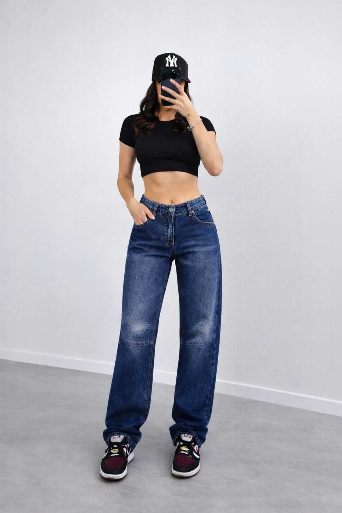 Baggy Toka Detaylı Bol Kesim Geniş Paça Rahat Baggy Jean Kot Pantolon