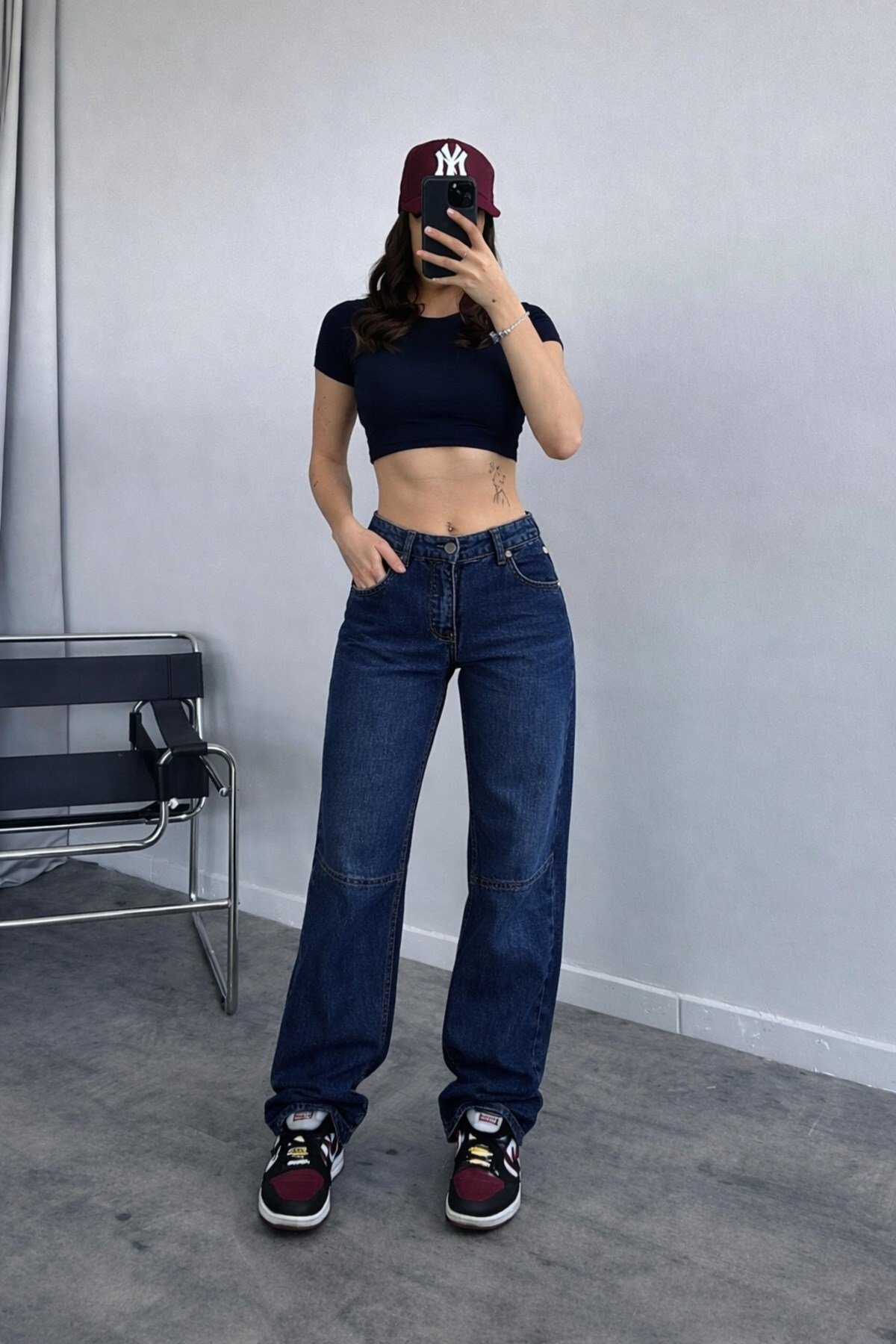 Baggy Toka Detaylı Bol Kesim Geniş Paça Rahat Baggy Jean Kot Pantolon