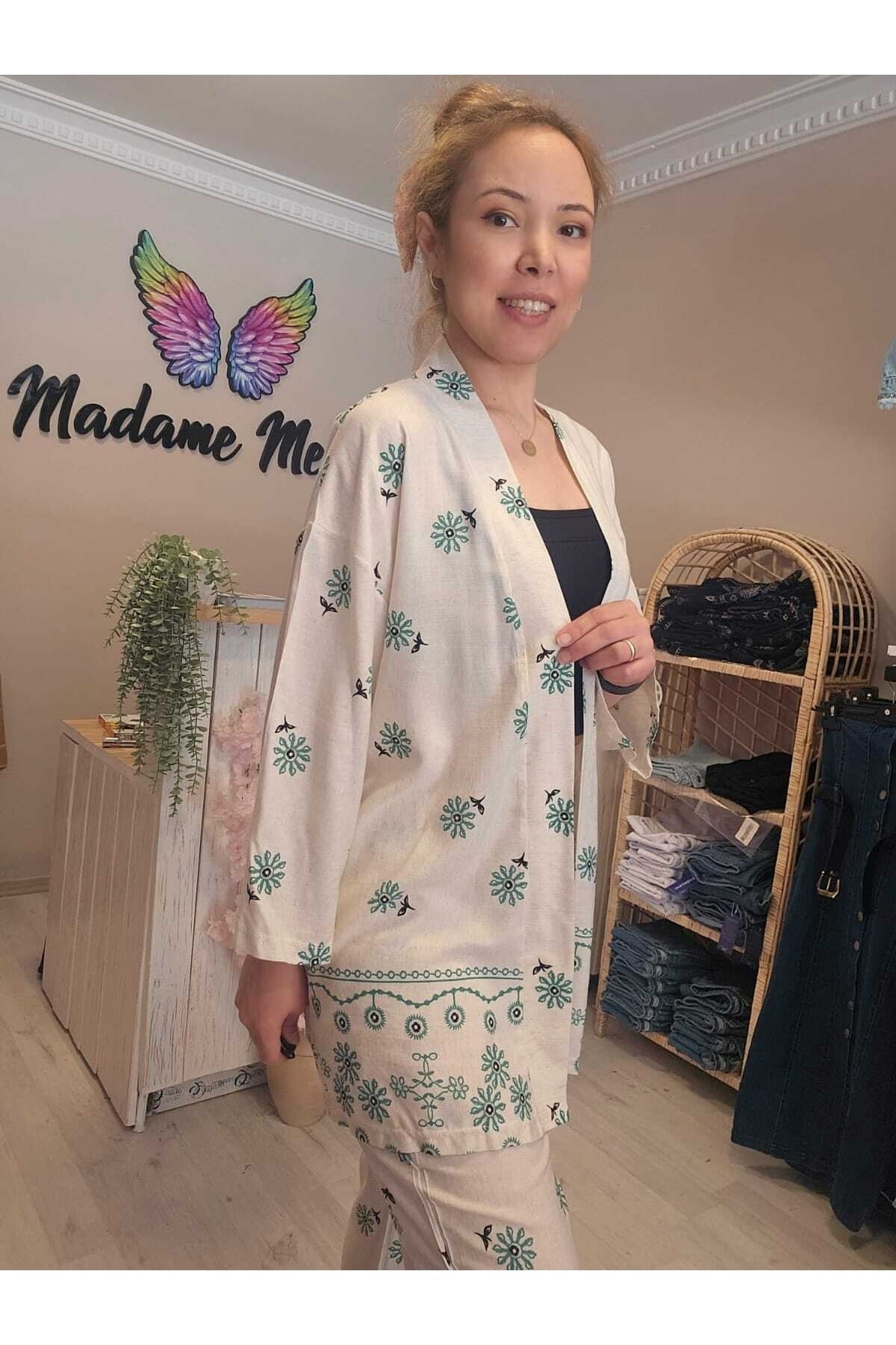 Beli Lastikli Keten Baskılı Kadın Kimono Pantolon Takımı
