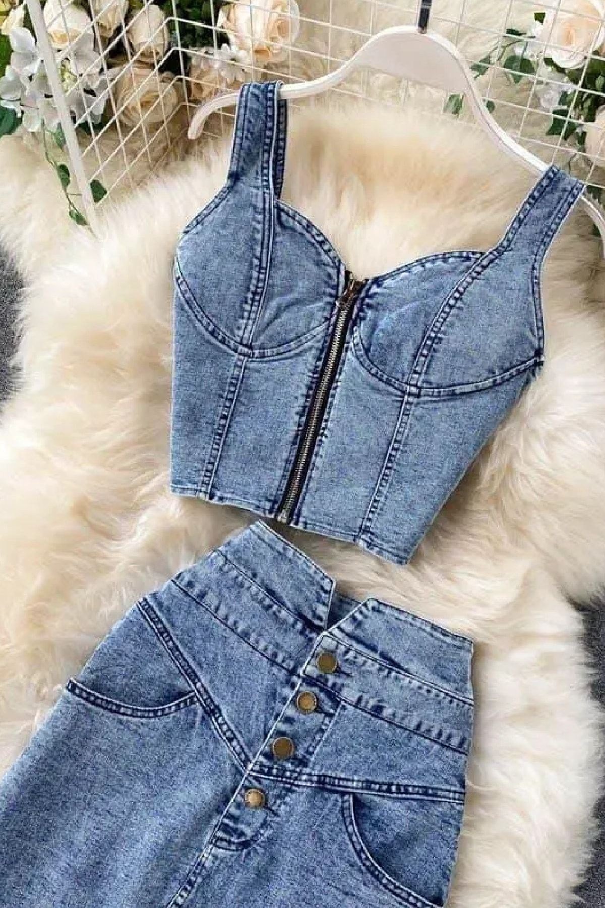 Büstiyer Etek Takım Kot Takım Crop Etek Takım Yeni Sezon Takım