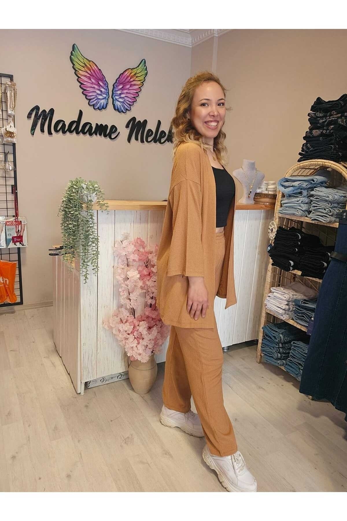 Camel Renk Kadın Kimono Bürümcük Kumaş Alt-üst Takım