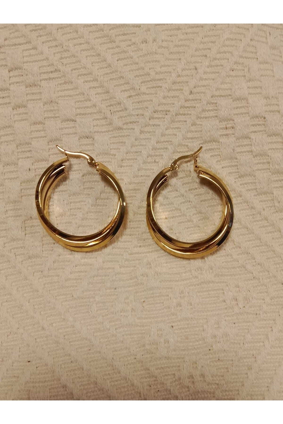 Çelik Gold-2 Li Birbirine Geçmeli Halka Tasarım Küpe