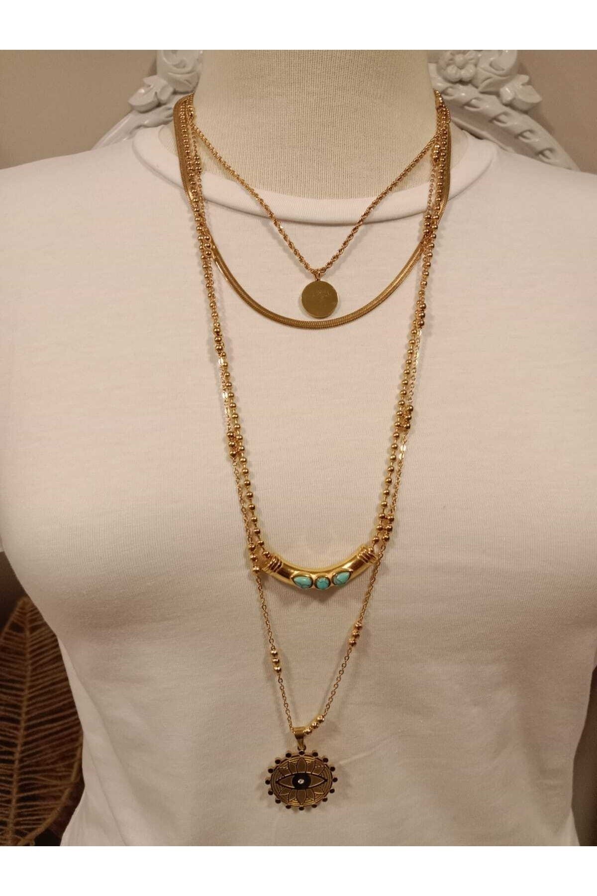 Çelik Gold Italyan Ezme Zincirli Firuze Taşlı 4'lü Kolye (çağla Şikel)