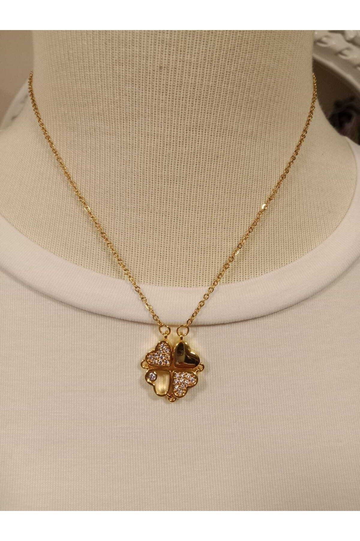 Çelik Gold Zirkon Taşlı Mıknatıslı Kalpli Kolye
