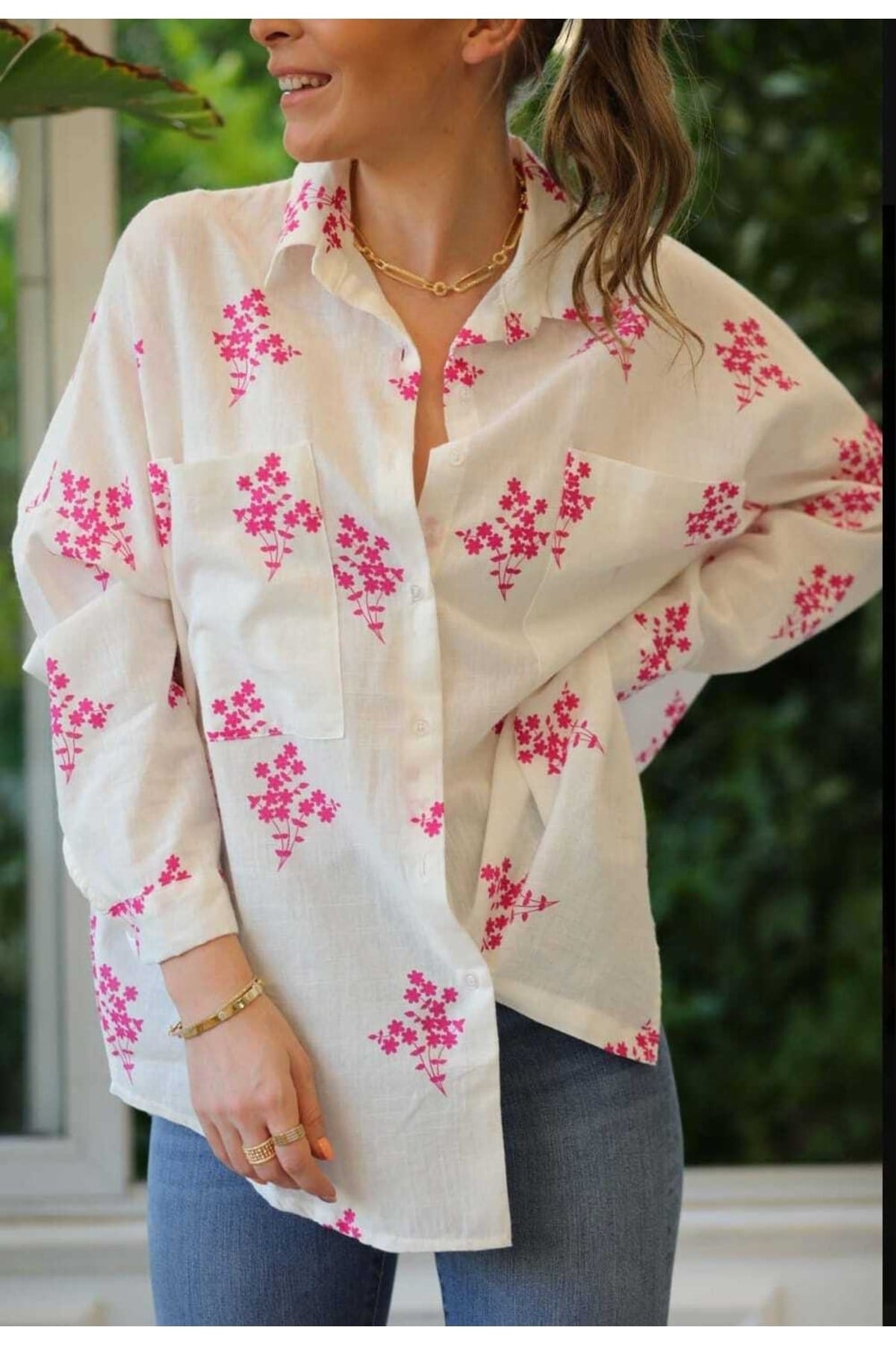 Cepli Pembe Çiçekli Oversize Gömlek