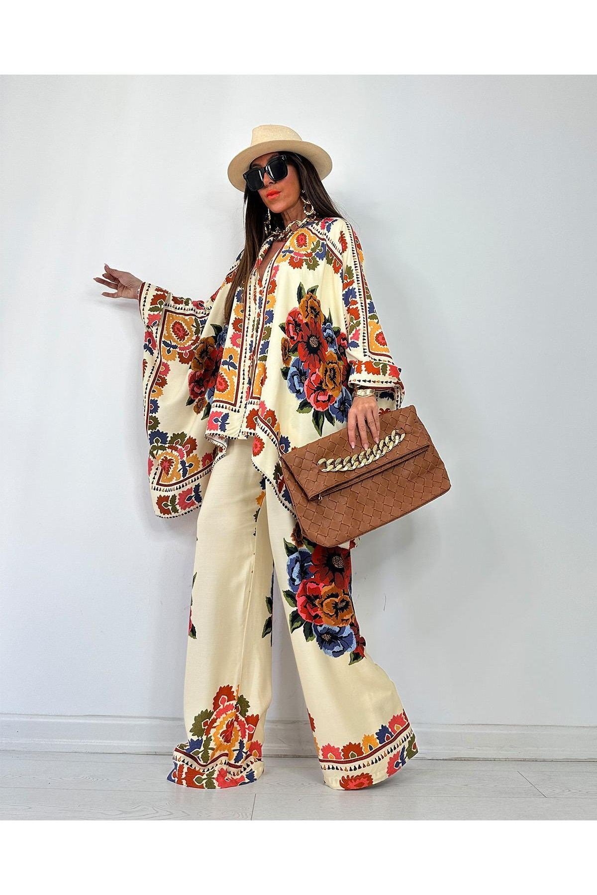 Glow Nakışlı Kimono Takın Uzun Maxi Boy Gömlek Pantolonlu Takım