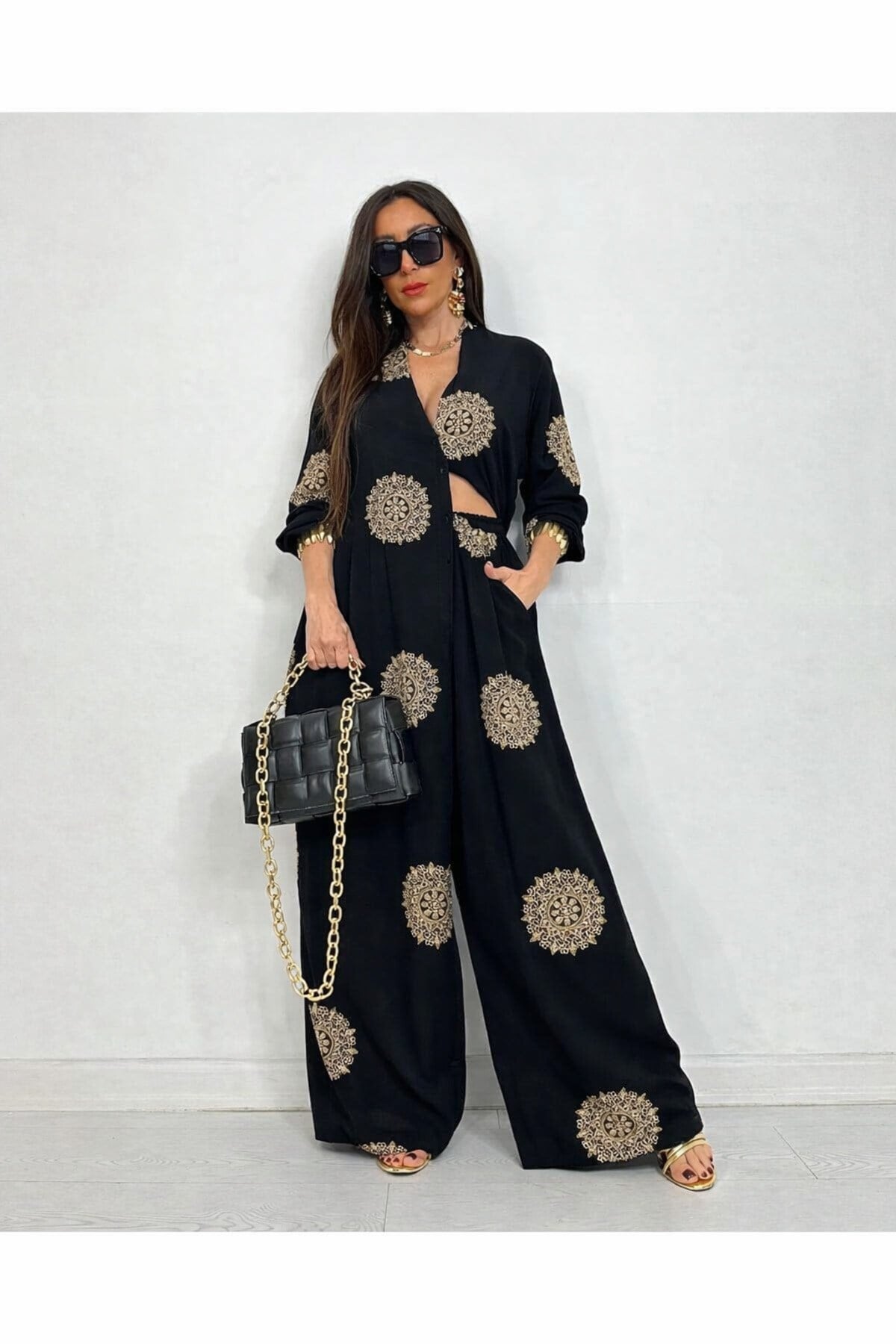 Glow Nakışlı Kimono Takın Uzun Maxi Boy Gömlek Pantolonlu Takım