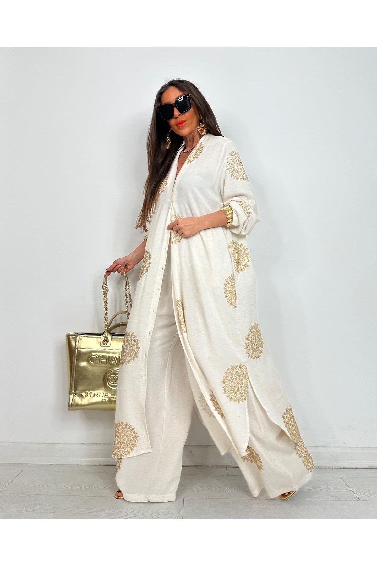 Glow Nakışlı Kimono Takın Uzun Maxi Boy Gömlek Pantolonlu Takım
