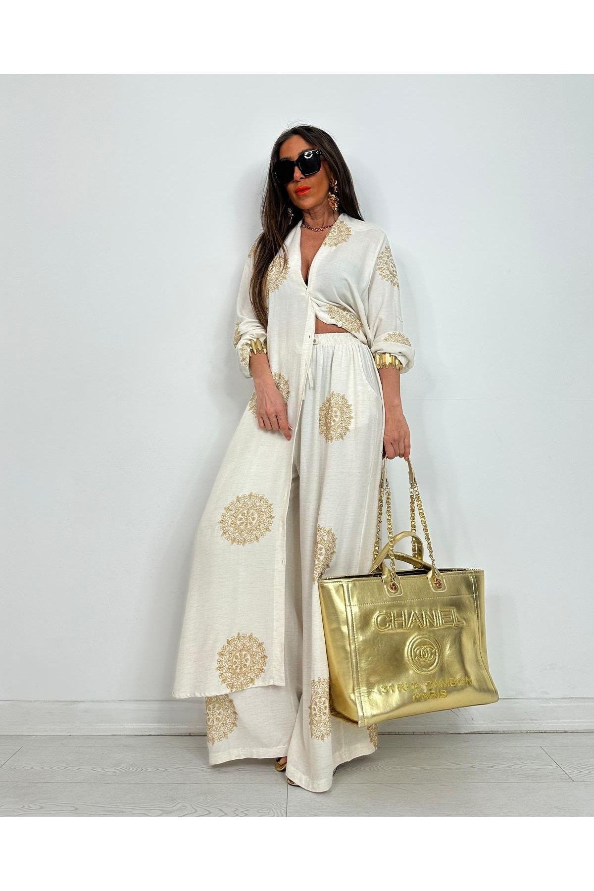 Glow Nakışlı Kimono Takın Uzun Maxi Boy Gömlek Pantolonlu Takım