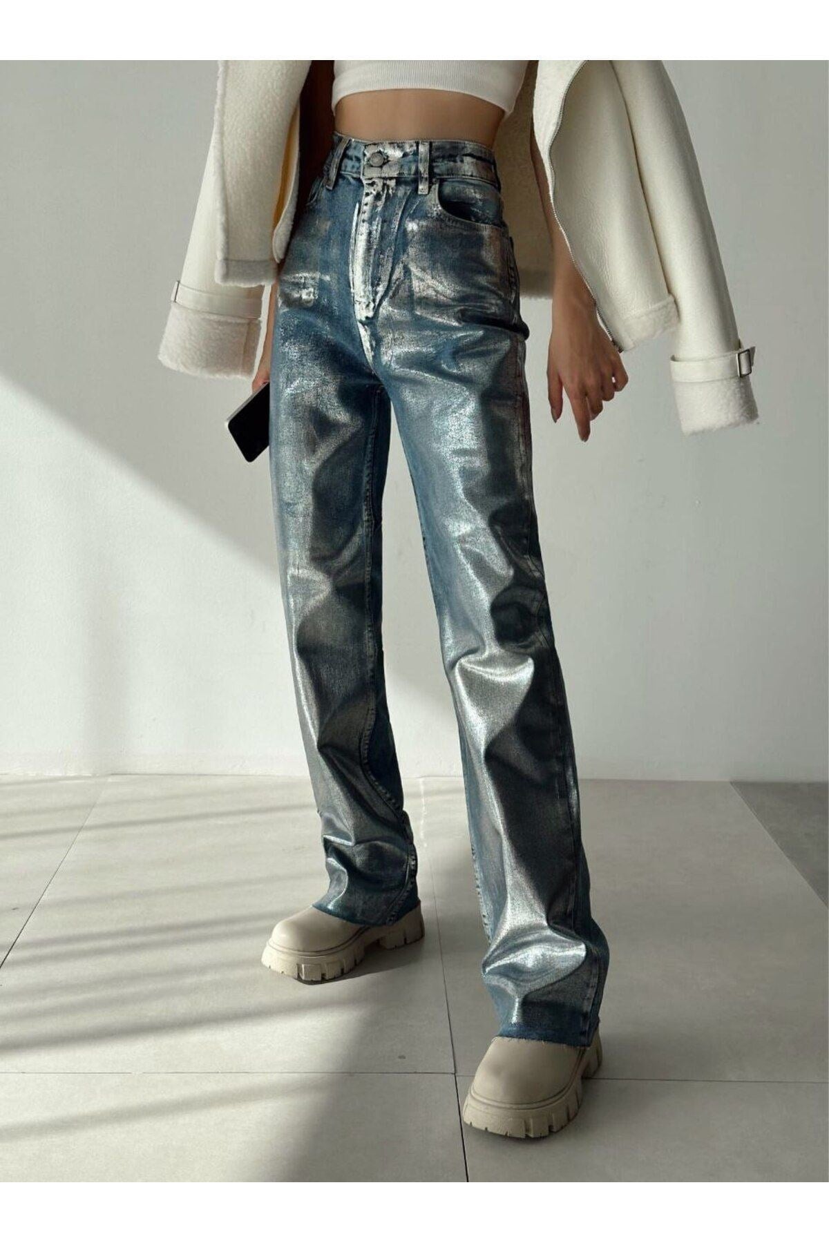 Gold Gümüş Varaklı Palazzo Kot Pantolon Jeans