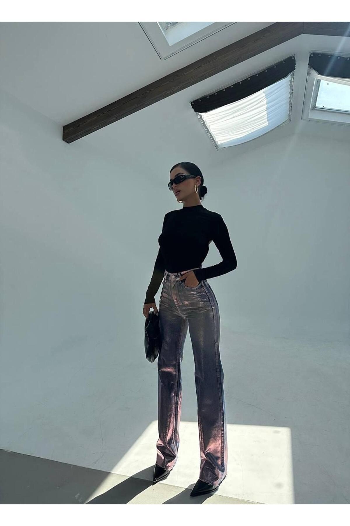 Gold Gümüş Varaklı Palazzo Kot Pantolon Jeans