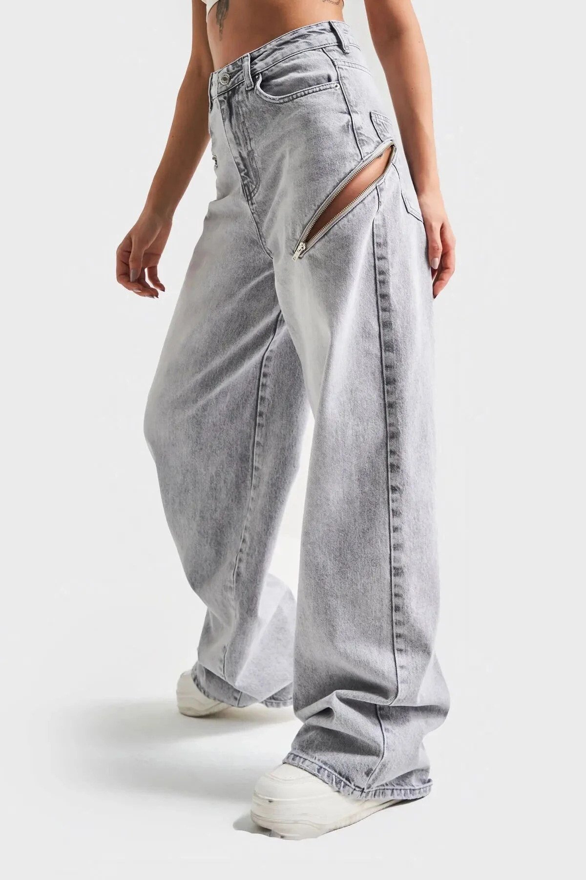 Gold Gümüş Varaklı Palazzo Kot Pantolon Jeans