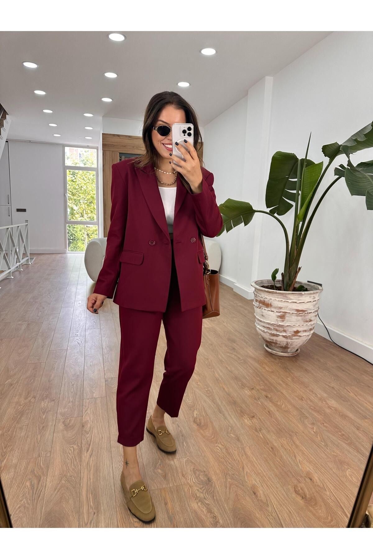 İçerisi Astarlı Pantolon Ceket Takım - Bordo
