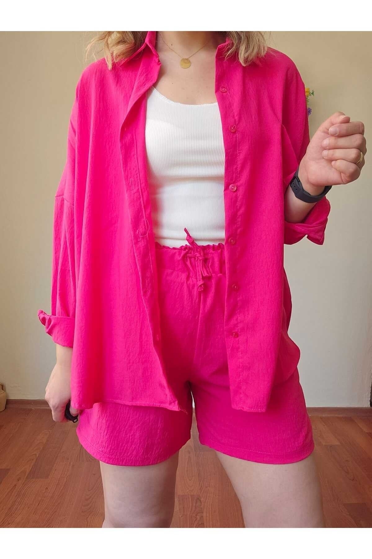 Kadın Keten Kumaş Oversize Pembe Gömlek Şort Takımı