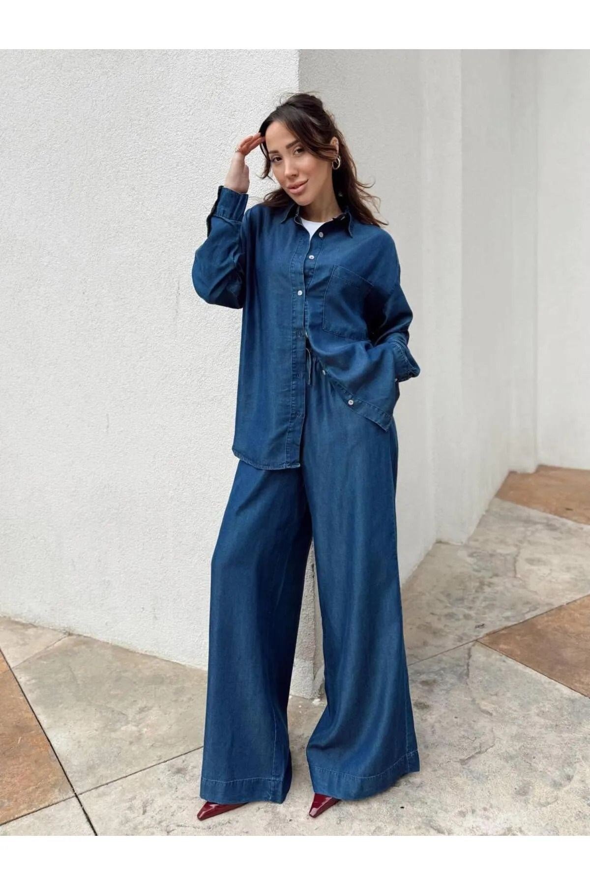 Kadın Mavi Denim Gömlek Pantalon Takım