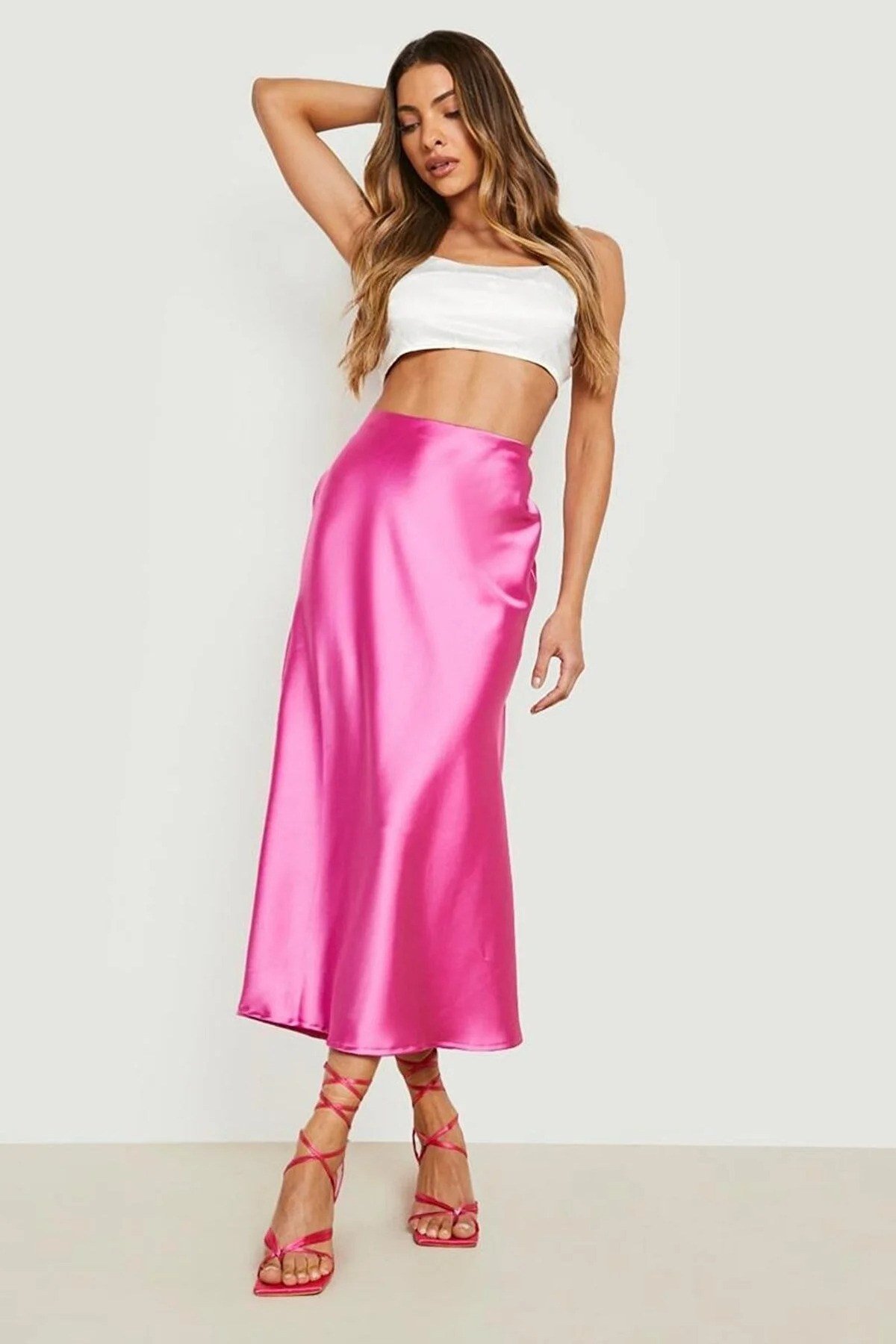 Kadın Pembe Renk Beli Lastikli Pamuk Kumaş Midi Boy Saten Premium Etek