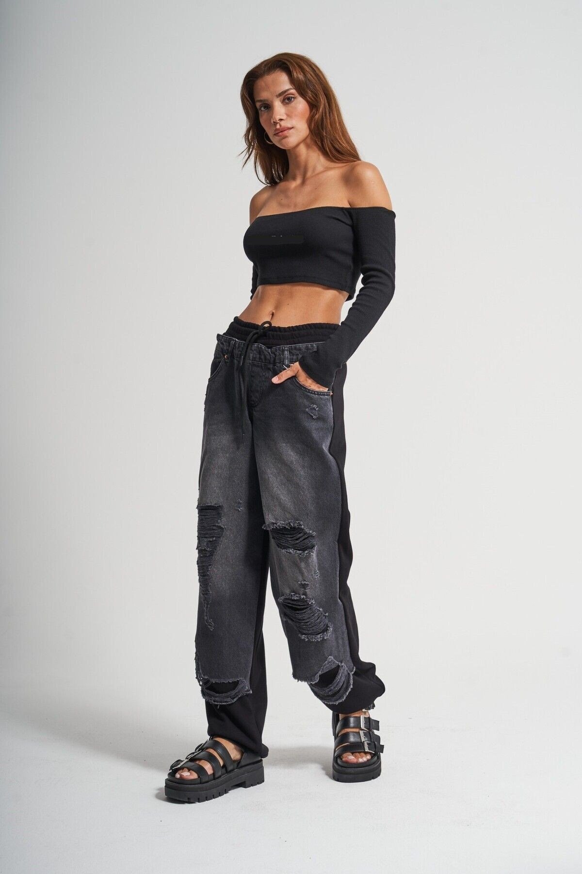 Kadın Tint Kot Rengi Lazer Detaylı Skater Jogger Fit Denim Jogger Kot Pantolon Baggy