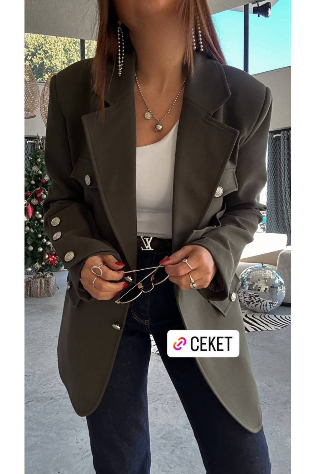 Kolları Düğmeli Haki Tasarım Ceket Blazer Ceket