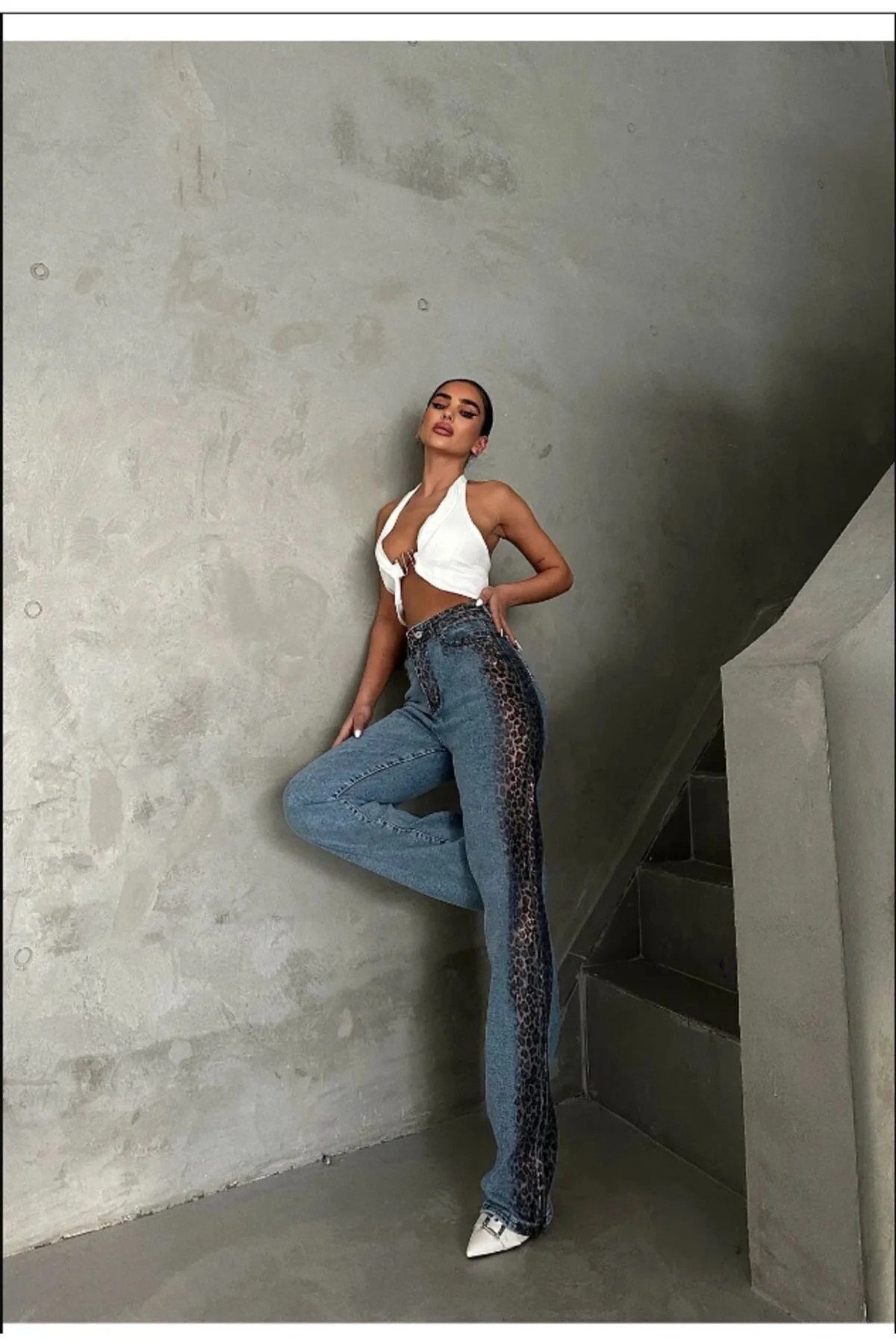 Leopar Metalik Şeritli Yüksek Bel Jean Pantolon Kot Pantolon