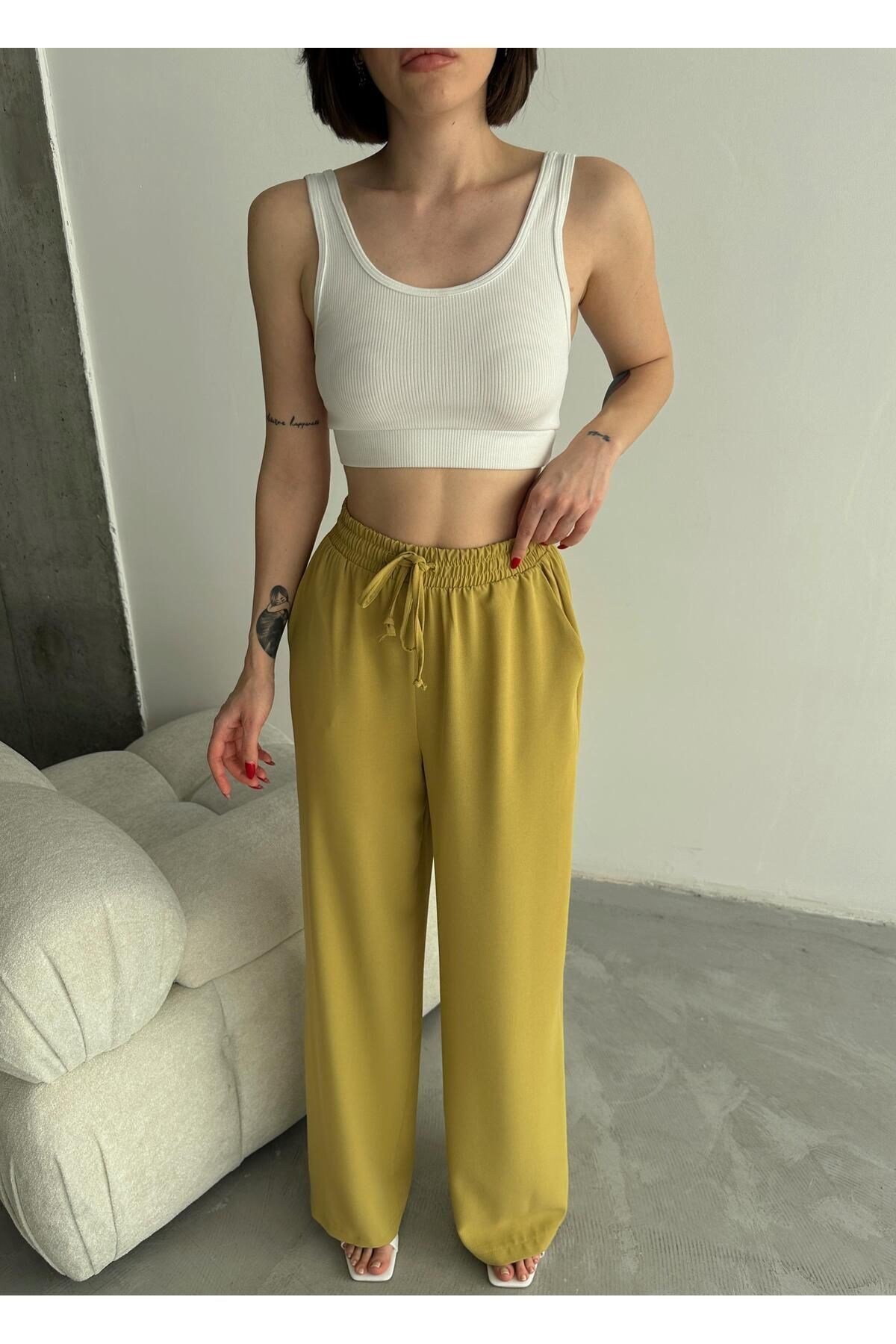 Linda Kumaş Siyah Keten Karışımlı Bol Kesim Pantolon Beli Lastikli Beli Bağcıklı